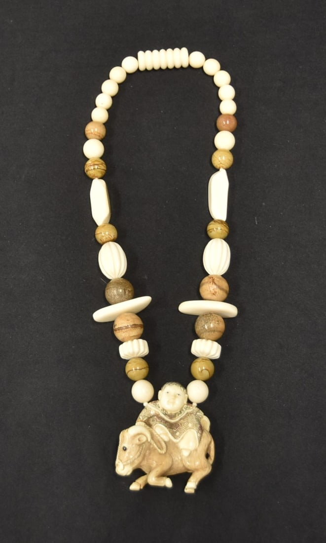 ASIAN CARVED BONE & STONE BEAD NECKLACE (1 of 10)
