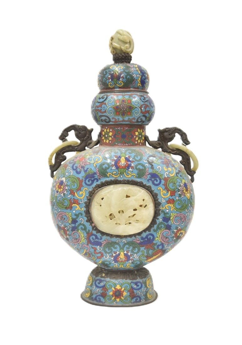 CHINESE STONE MOUNTED CLOISONNE MOON FLASK: CHINESE CLOISONNE ENAMEL MOON FLASK WITH CAST DRAGON HANDLES & STONE RINGS ; MOUNTED WITH CARVED STONE MEDALLIONS & FINIAL WITH TURQUOISE JEWEL - 9" x 4" x 17"