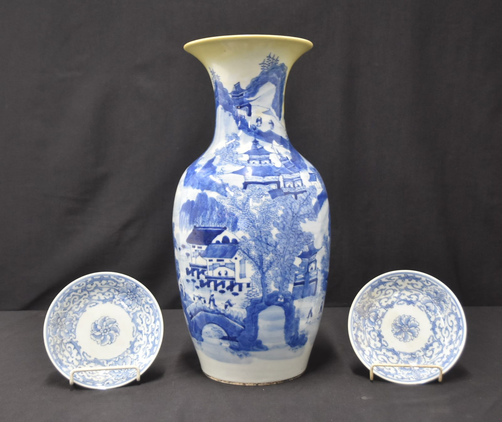(3)pc CHINESE PORCELAIN VASE & PLATES: QING DYNASTY STYLE CHINESE BLUE & WHITE PORCELAIN VASE WITH PAGODAS IN LANDSCAPE - 7" x 17 1/2" (TOP HAS OLD REPAIRS) / PAIR CHINESE BLUE & WHITE PORCELAIN PLATES - 6" D