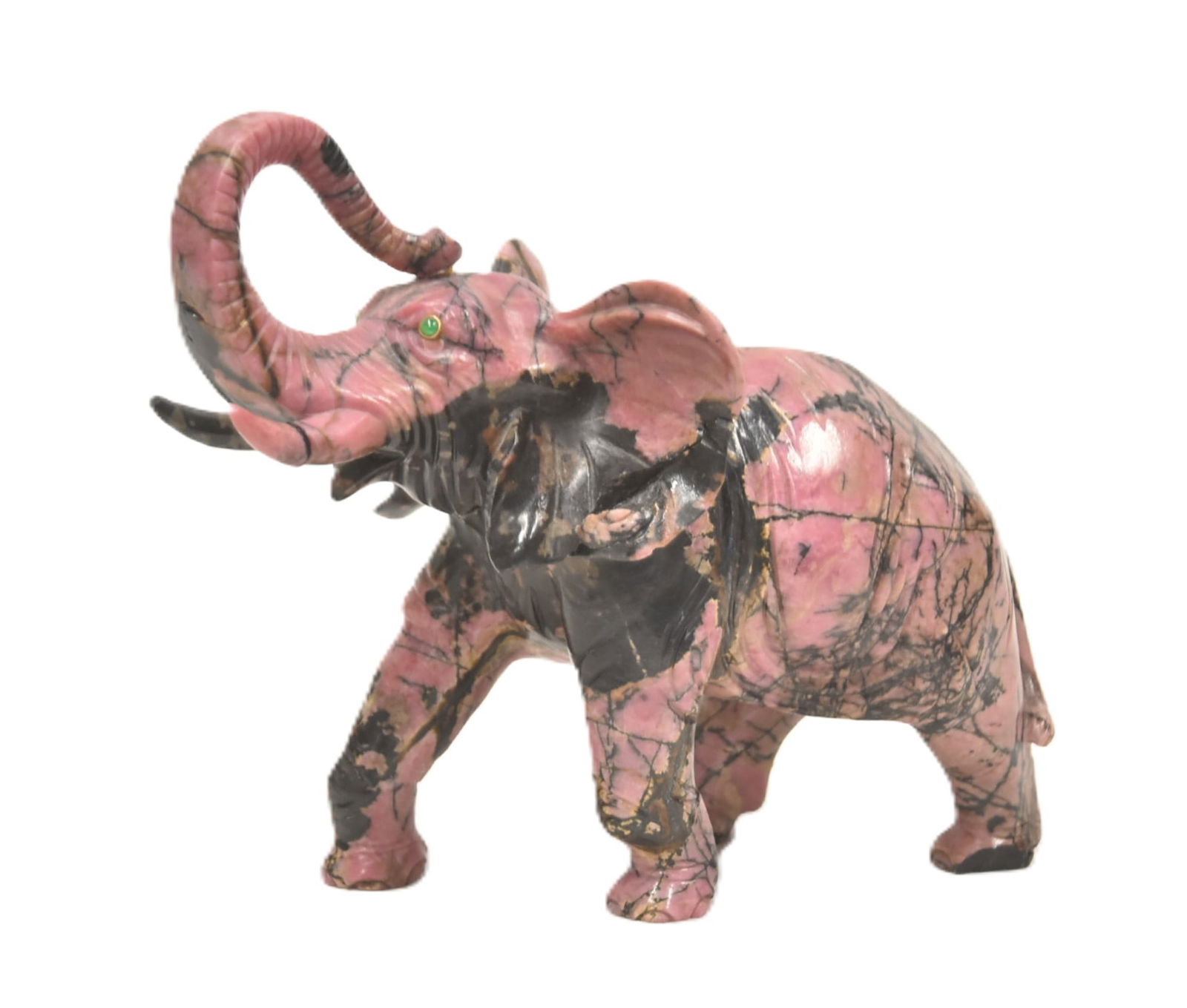 RUSSIAN CARVED RHODONITE STONE ELEPHANT: RUSSIAN CARVED RHODONITE STONE ELEPHANT WITH GREEN GEMSTONE EYES - 3 1/2" x 6 1/2" x 6" (HAS MULTIPLE REPAIRS & CHIPS)