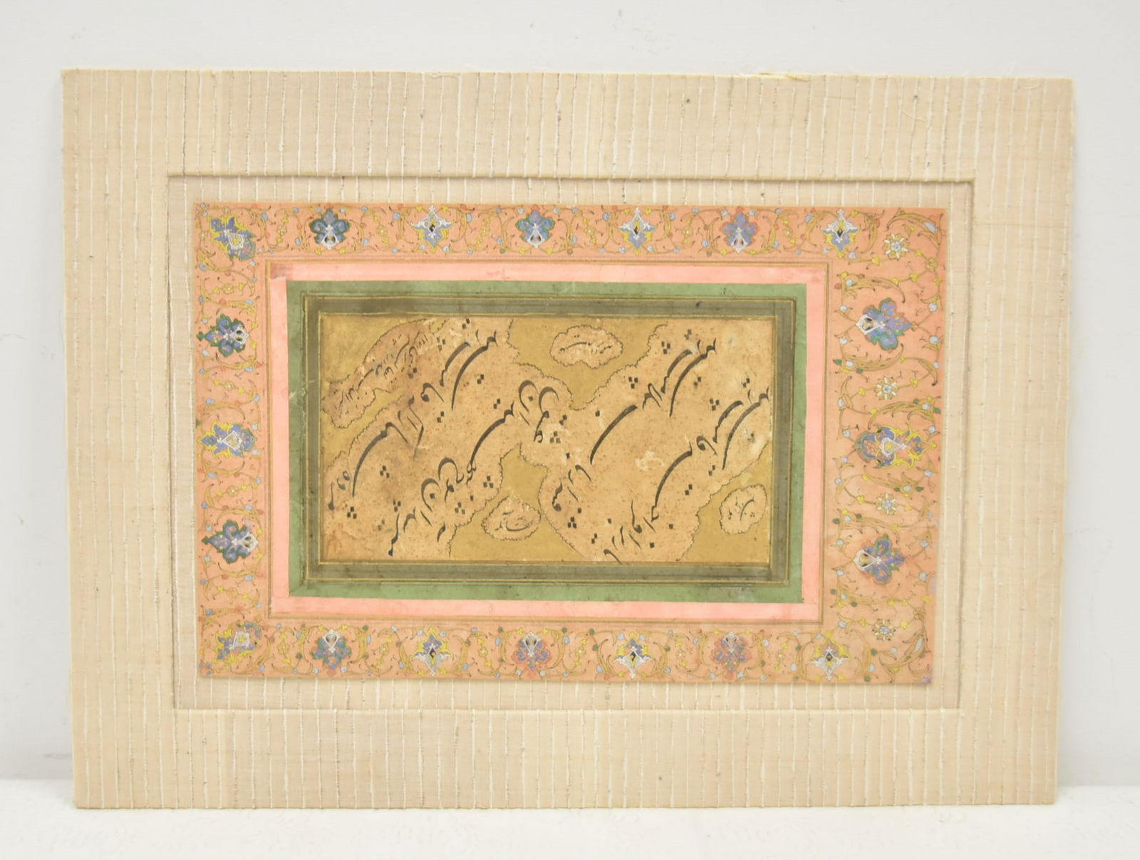 ISLAMIC CALLIGRAPHY ILLUMINATED PANEL MANUSCRIPT: ISLAMIC ARABIC MANUSCRIPT ; MARKED ABDUL AL GHAFAR , TABRIZI INVERSO - 15 1/4" x 11 1/2"
