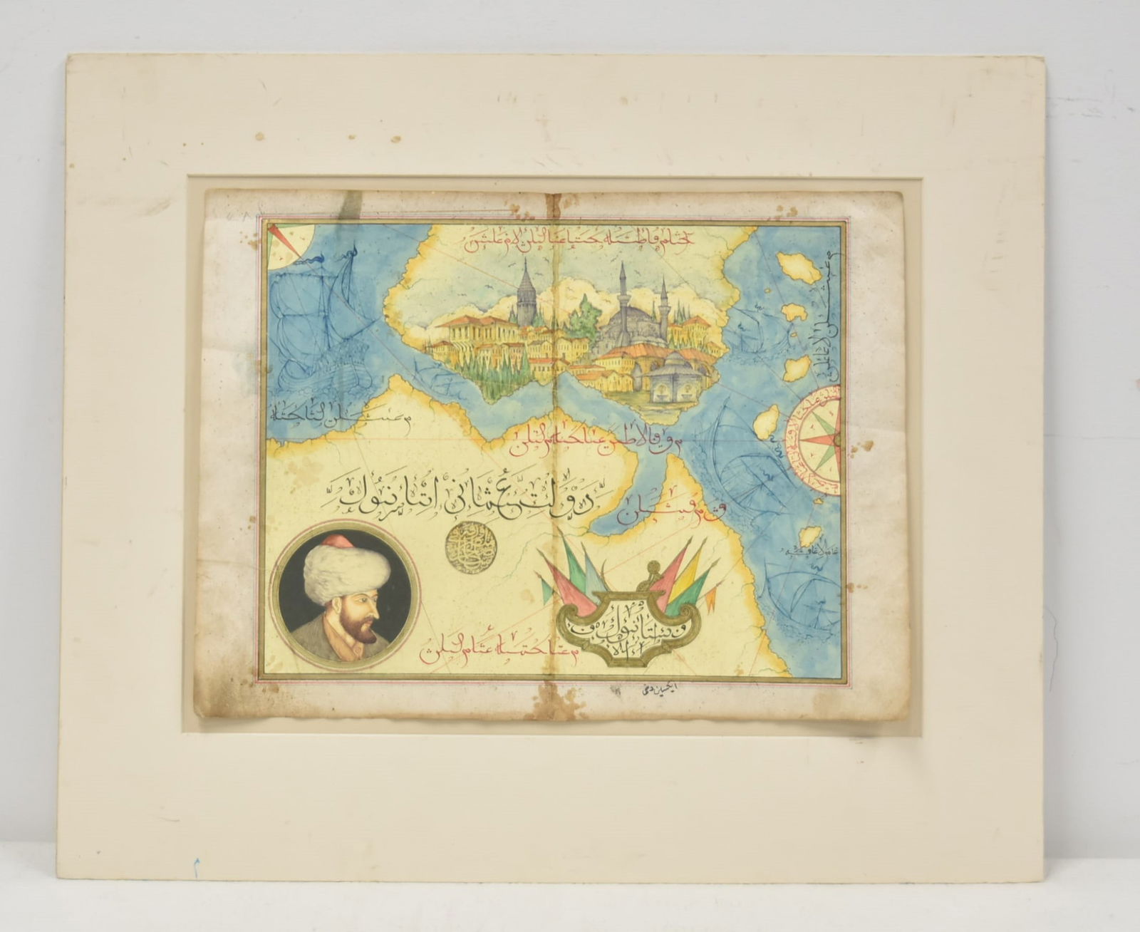 ISLAMIC OTTOMAN EMPIRE MAP: ANTIQUE ISLAMIC PIRI REIS OTTOMAN EMPIRE WATERCOLOR MAP WITH CALLIGRAPHY ON BACK - 15 1/2" x 11 1/2" ; 21 1/2" x 18 1/2" OVERALL