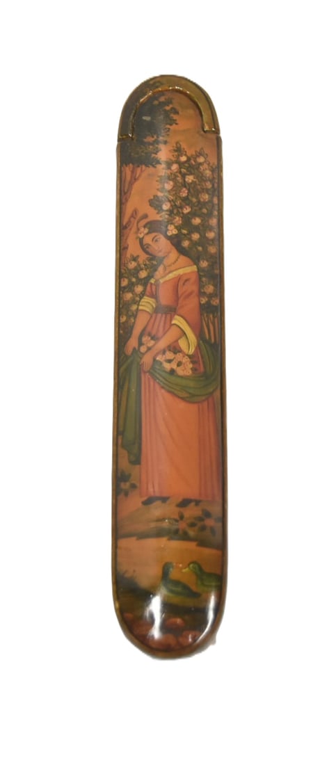 PERSIAN LACQUER PAPIER MACHE PEN BOX: ANTIQUE PERSIAN LACQUERED PAPIER MACHE PEN BOX WITH FIGURAL SIDES & MAIDEN HOLDING FLOWERS - 1 1/4" x 6 1/2"