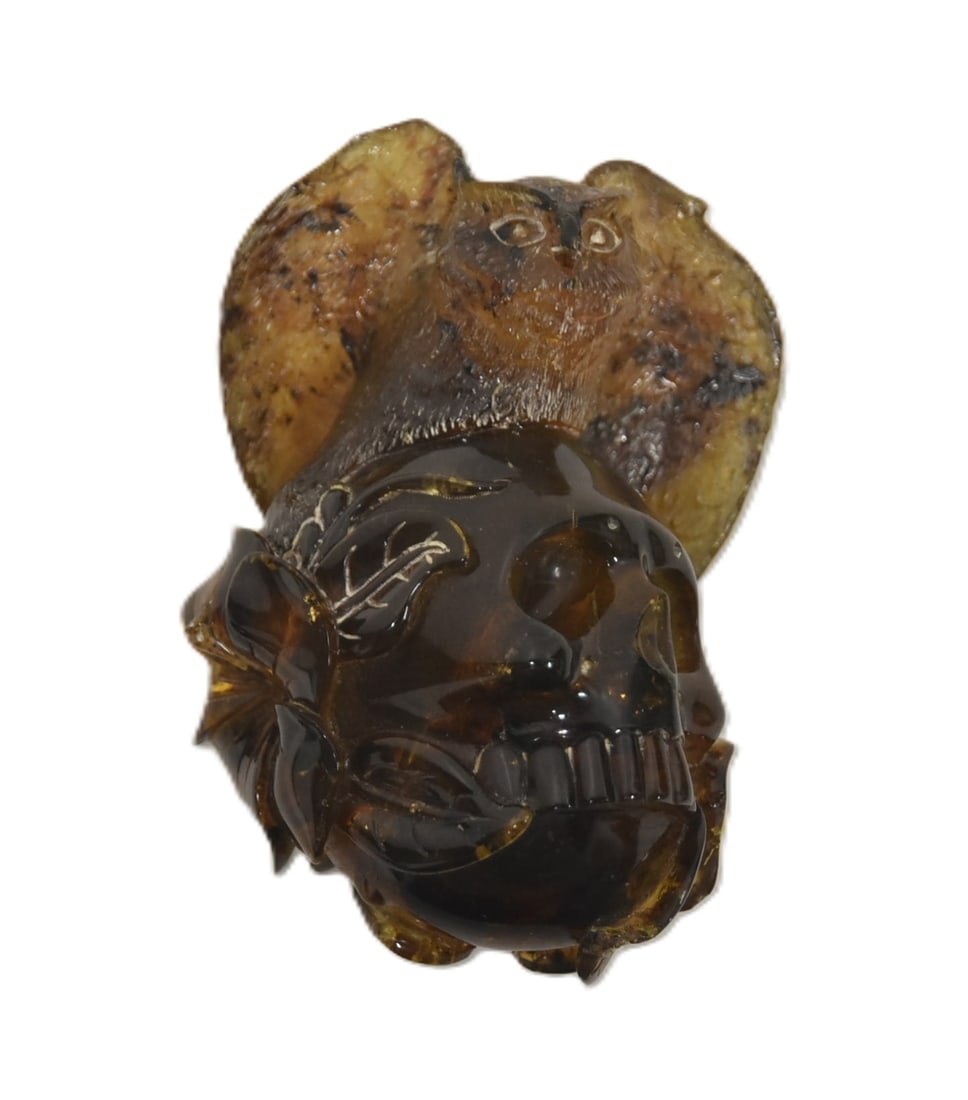 HAND CARVED AMBER OWL ON SKULL (1 of 9)