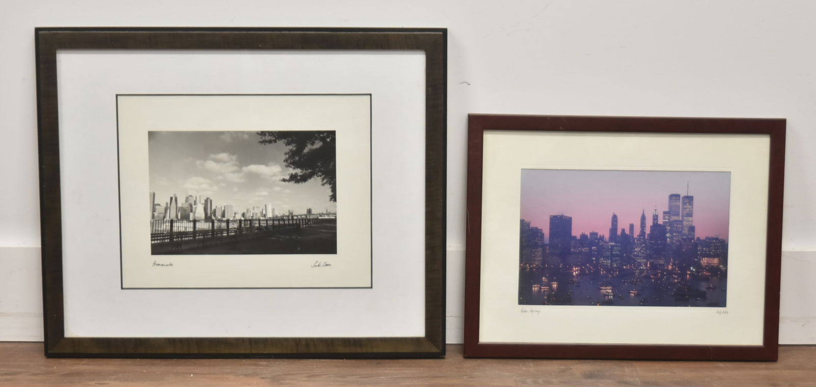 (2) FRAMED NEW YORK CITY PHOTOGRAPHS: EILEEN AYLING NEW YORK CITY SKYLINE PHOTOGRAPHED , HAND SIGNED & NUMBERED 5/1993 - 17 1/2" x 13 1/2" / NEW YORK CITY SKYLINE BLACK & WHITE PHOTOGRAPH TAKEN FROM BROOKLYN PROMENADE , ARTIST SIGNED ILLE