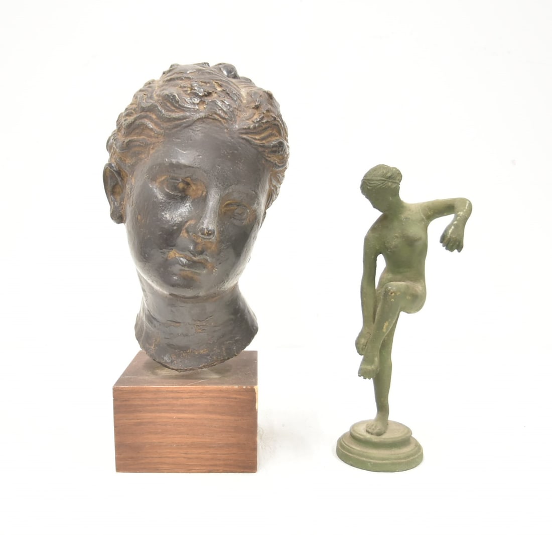 MMA FEMALE BUST / GRAND TOUR STYLE BRONZE: BUSTE D' UNE FEMME , 1982 COMPOSITE SCULPTURE BUST OF YOUNG WOMAN FROM THE MUSEUM OF MODERN ART ; RAISED ON WOODEN PLYNTH - 6" x 7" x 13 1/2" / GRAND TOUR STYLE VERDIGRIS PATINATED BRONZE FEMALE NUDE