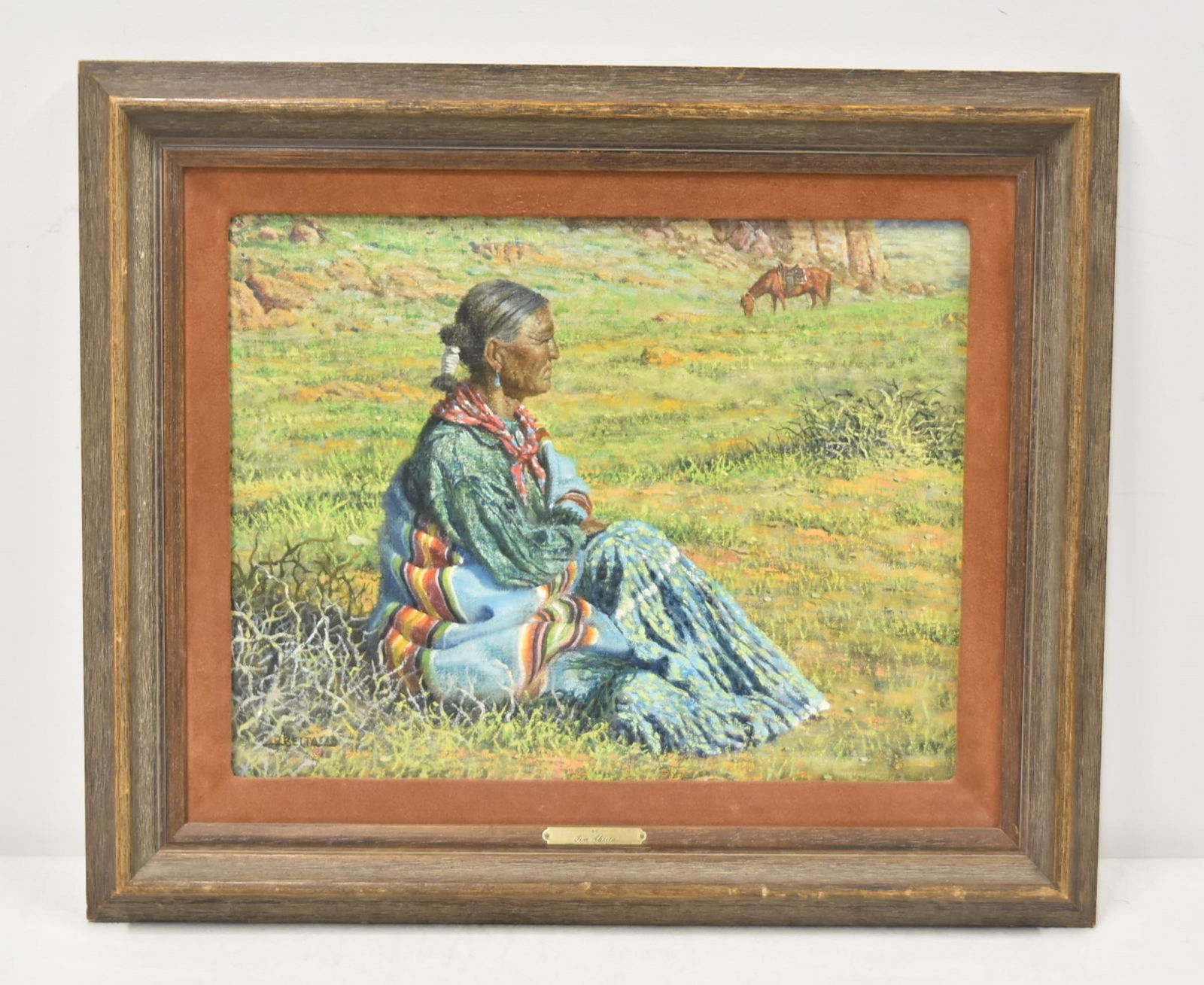 JIM ABEITA , OIL ON CANVAS INDIAN WOMAN IN FIELD: JIM "JIMMY" ABEITA (DINE, NAVAJO, NEW MEXICO b. 1947) OIL ON CANVAS OF NATIVE AMERICAN INDIAN WOMAN SEATED IN FIELD , TITLED INVERSO "INDIAN WOMAN" , SIGNED JIM ABEITA , LOWER LEFT - OIL IS 19" x 16"