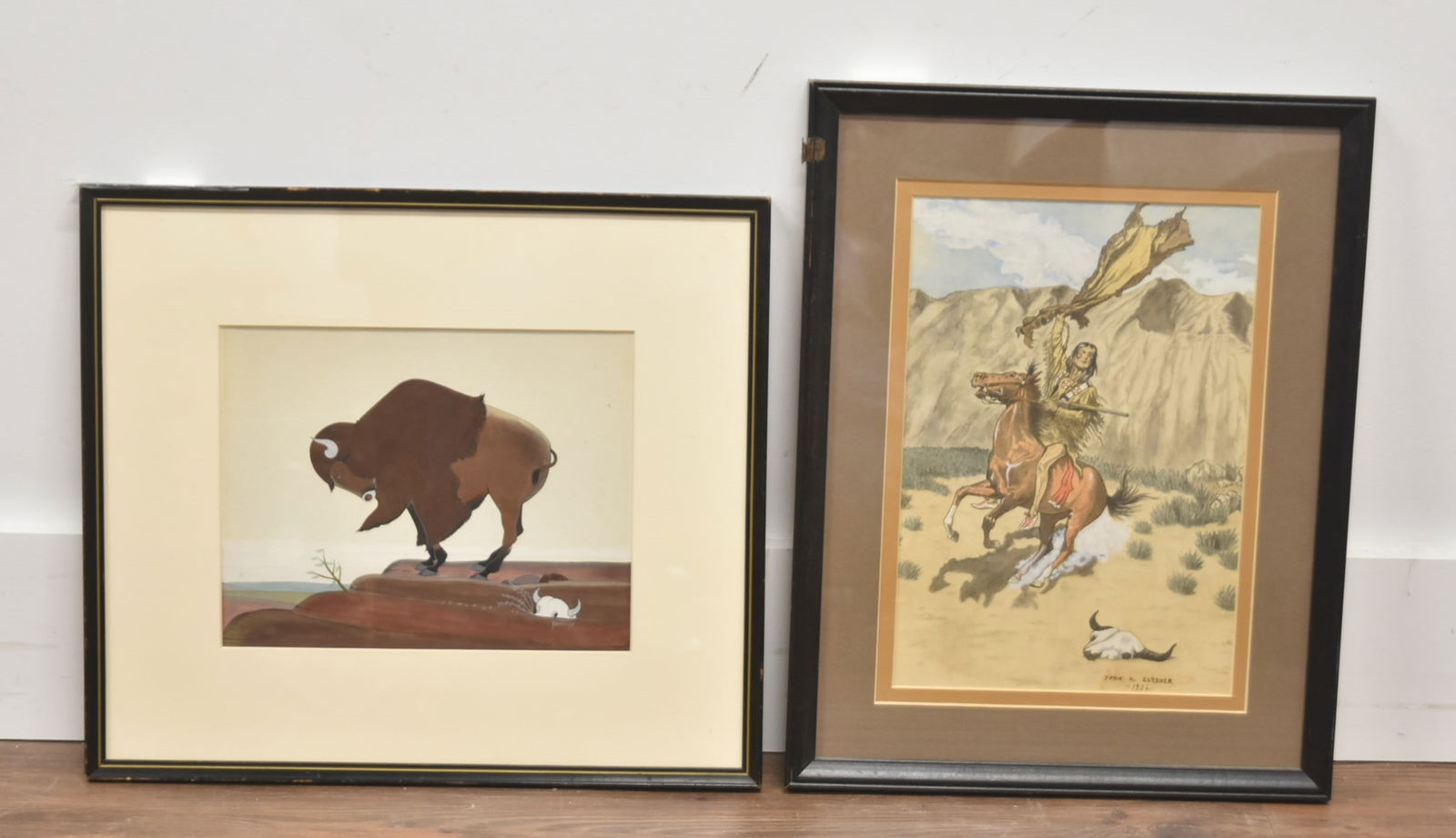 (2) NATIVE AMERICAN WATERCOLORS: GEORGE KEAHBONE (KIOWA, 1916-2002) GOUACHE PAINTING OF BUFFALO , SIGNED LOWER RIGHT - 16 3/4" x 14 3/4" / JOHN A GARDNER , WATERCOLOR NATIVE AMERICAN HOLDING SIGNAL , SIGNED JOHN A GARDNER , 1936 - 13