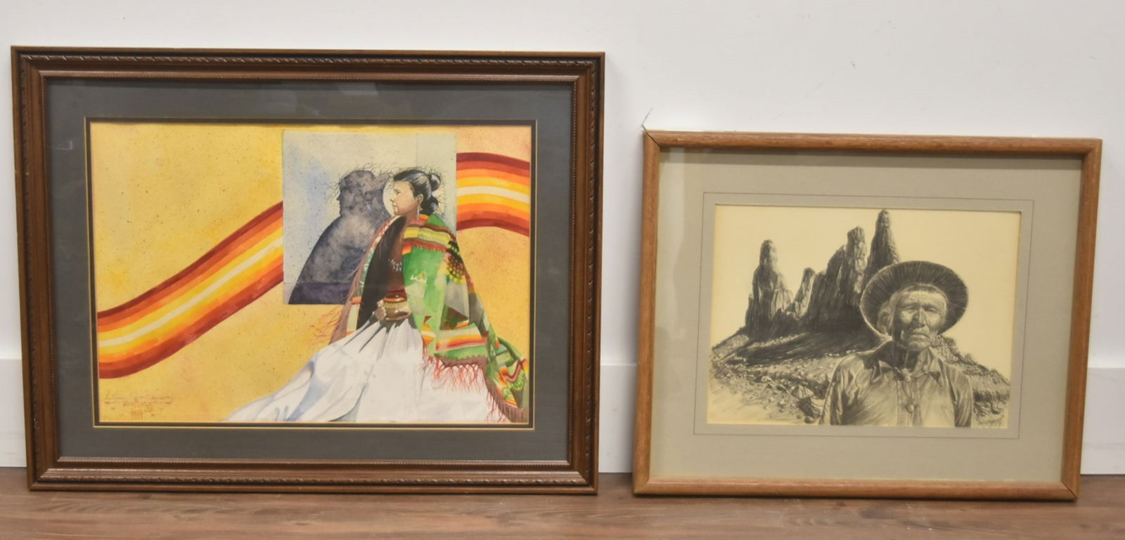 (2) NATIVE AMERICAN INDIAN WATERCOLOR & DRAWING: ANTHONY CHEE EMERSON (DINE NAVAJO NATION , b. 1963) WATERCOLOR OF SEATED WOMAN , SIGNED LOWER LEFT - 27" x 21" OVERALL / GARY BARTLETT PORTRAIT OF ELDERLY NATIVE AMERICAN MAN