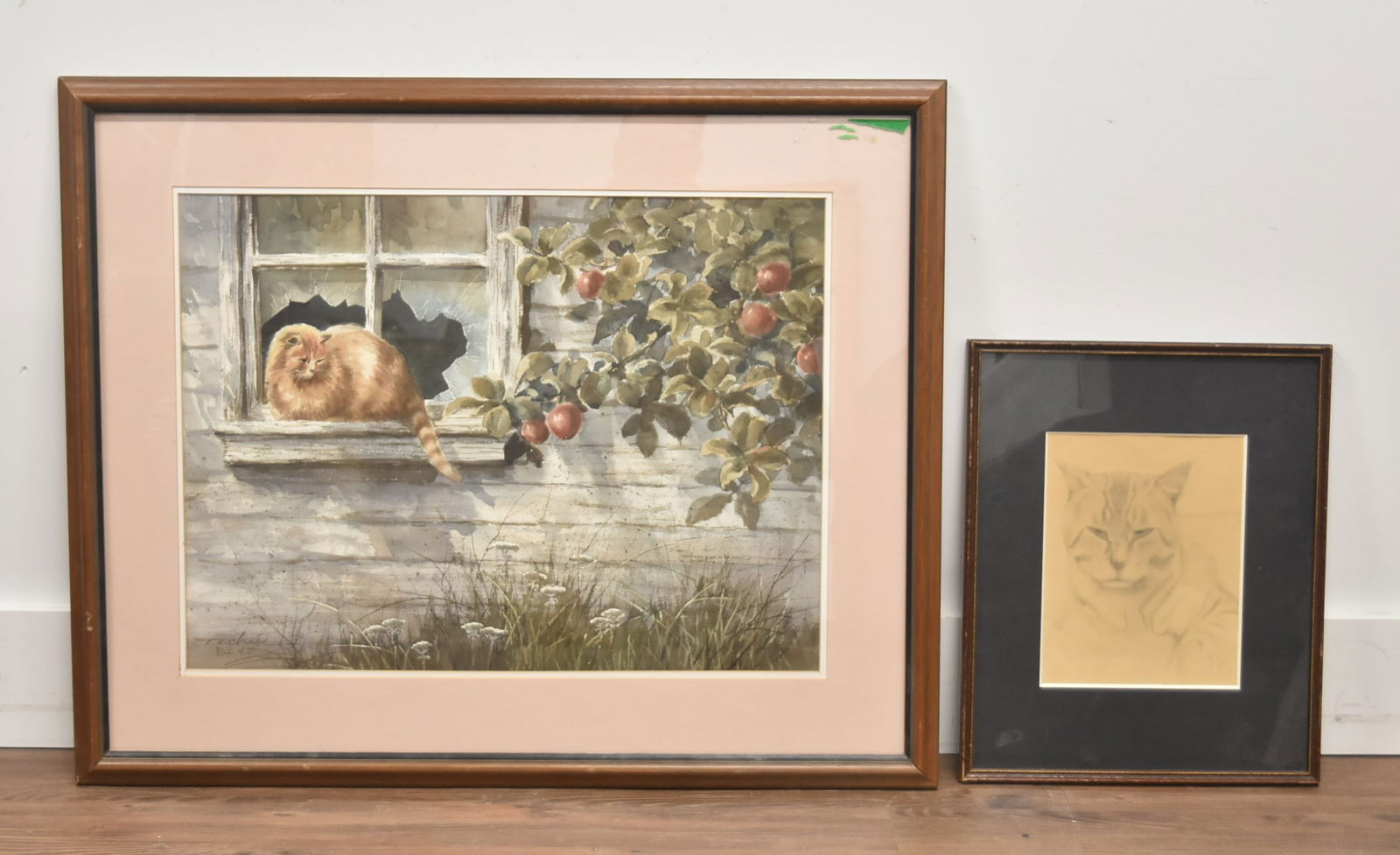 WATERCOLOR & PENCIL DRAWING OF CATS: WATERCOLOR OF CAT SEATED ON BROKEN WINDOW , SIGNED TC CHU ? ,84' NEW JERSEY LOWER RIGHT - 32" x 26" OVERALL / PENCIL DRAWING CAT PORTRAIT , SIGNED KAREN KEIL - 13 1/2" x 16 1/2" OVERALL