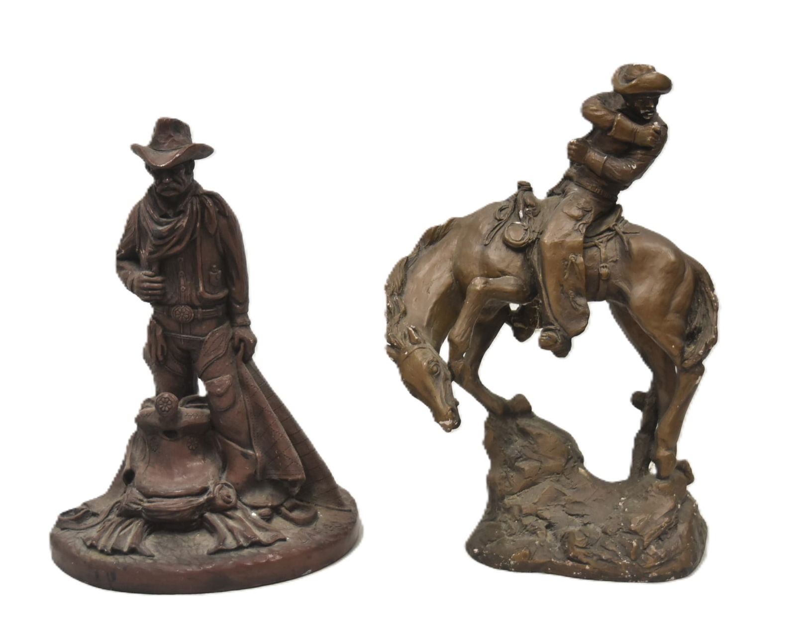 (2) WESTERN PLASTER COWBOY SCULPTURES: AFTER REMINGTON PLASTER COWBOY ON HORSEBACK SCULPTURE - 14" x 10" x 21" / LARGO WESTERN PLASTER SCULPTURE OF COWBOY BY LARGO - 13" x 10" x 19"
