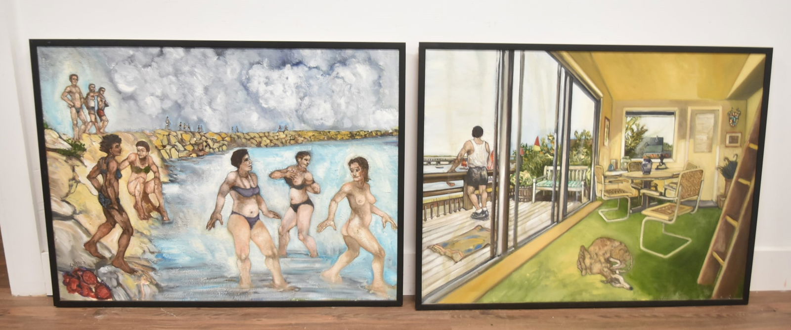 (2) MATTHEW SNOW OIL ON CANVAS PAINTINGS: MATTHEW SNOW (AMERICAN, 20th CENTURY) OIL ON CANVAS HOUSE ON BOAT HARBOR / MATTHEW SNOW OIL ON CANVAS FIGURES & FEMALE NUDE AT BEACH , SIGNED SNOW - 41" x 31" OVERALL