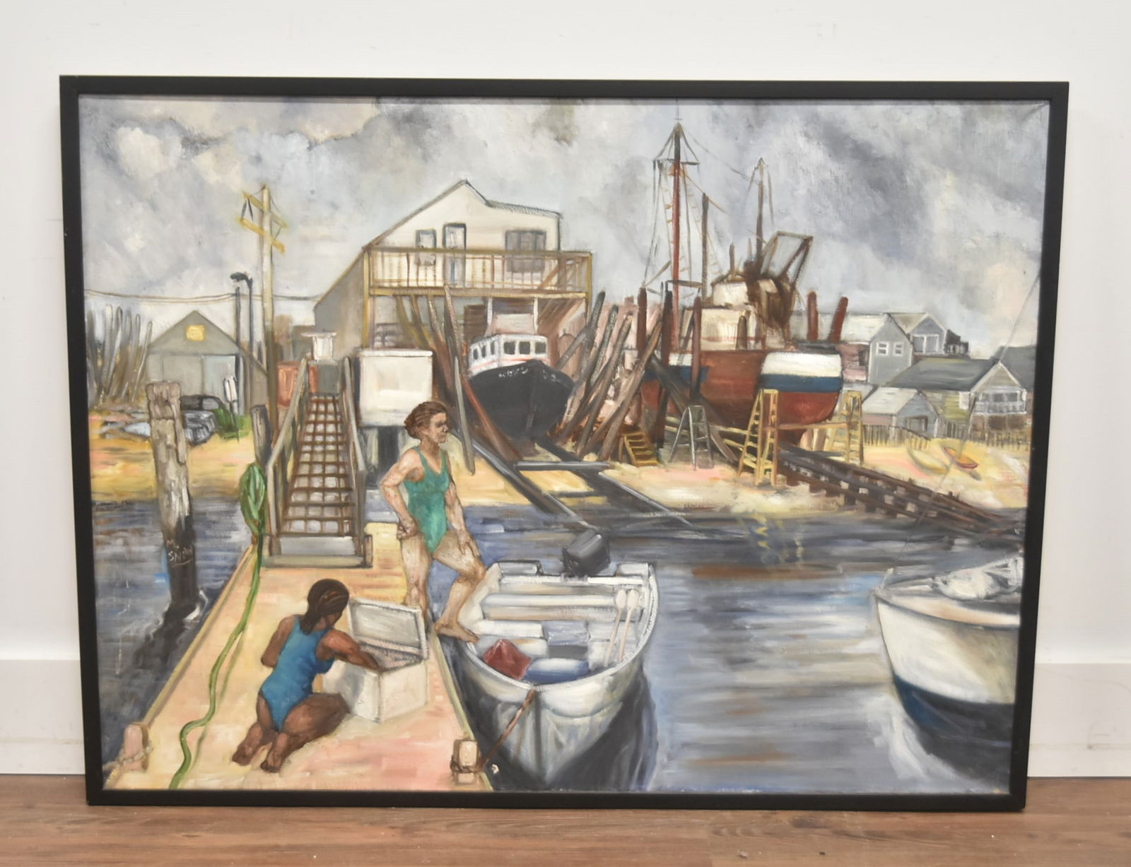 MATTHEW SNOW OIL ON CANVAS HARBOR SCENE: MATTHEW SNOW (AMERICAN, 20th CENTURY) OIL ON CANVAS BOATS IN HARBOR SCENE , SIGNED SNOW - 41" x 31" OVERALL FRAMED