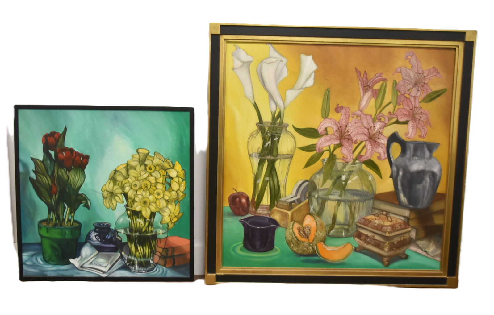 (2) MATTHEW SNOW OIL ON CANVAS FLOWER STUDY: MATTHEW SNOW , LARGE OIL ON CANVAS FLORAL STILL LIFE FLOWER STUDY PAINTING , SIGNED SNOW - 45 1/2" x 45 1/2" OVERALL SET IN BLACK & GOLD FRAME / OIL ON CANVAS FLOWER STUDY FLORAL STILL LIFE OIL ON CAN
