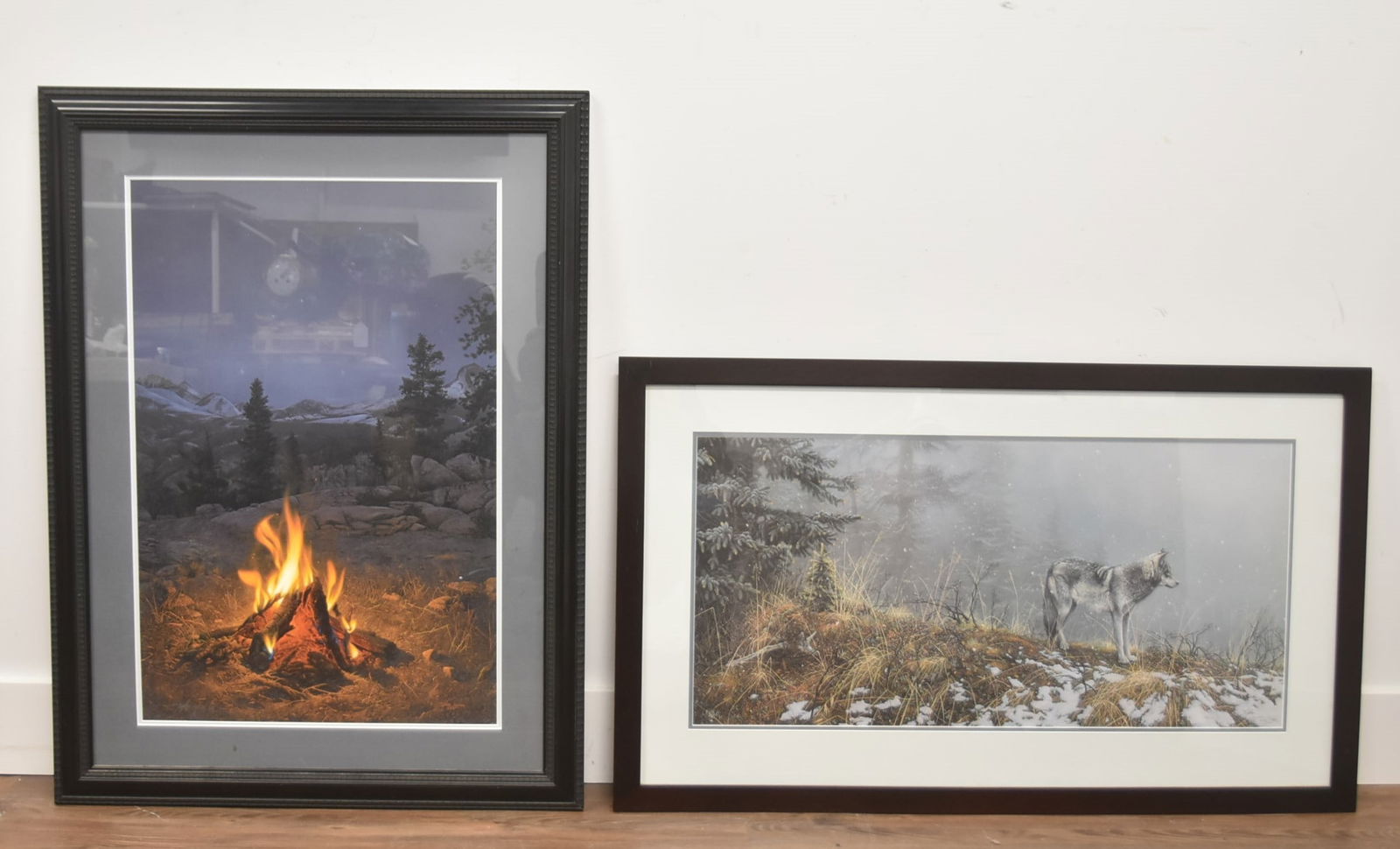 (2) STEPHEN LYMAN HAND SIGNED PRINTS: STEPHEN LYMAN " A MOUNTAIN CAMPFIRE" \ HAND SIGNED LIMITED EDITION PRINT NUMBERED 41/500 29" x 38 1/2" OVERALL FRAMED / STEPHEN LYMAN "SILENT SNOW" HAND SIGNED PRINT NUMBERED 1635/1750 - 41" x 25" OVE