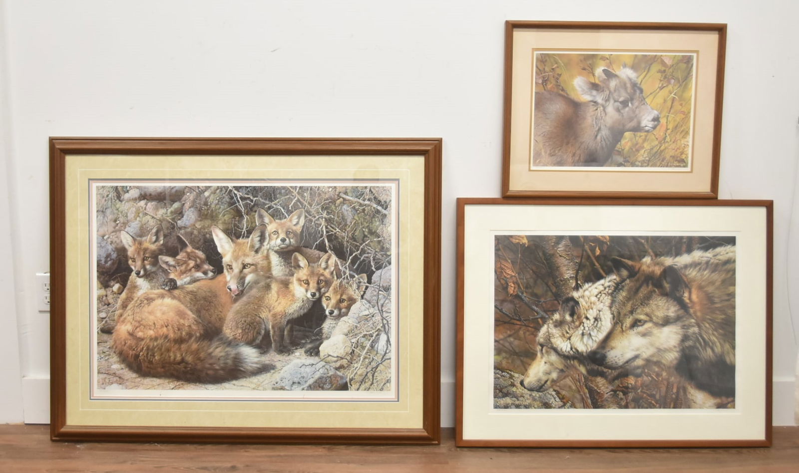 (3) CARL BRENDERS HAND SIGNED PRINTS: CARL BRENDERS (BELGUIM. b. 1937) HAND SIGNED PRINTS "FULL HOUSE FOX FAMILY" / CARL BRENDERS "COMPANIONS" HAND SIGNED PRINT / CARL BRENDERS "MOUNTAIN BABY BIG HORN SHEEP" - LARGEST PRINT IS 44" x 34" O