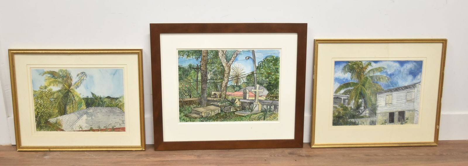 (3) MATTHEW SNOW WATERCOLOR PAINTINGS: MATTHEW SNOW CARRIBEAN CEMENTARY WATERCOLOR / MATTHEW SNOW WATERCOLOR , TITLED INVERSO "ST CROIX" / MATTHEW SNOW ST CROIX WATERCOLOR - LARGEST IS 28" x 24"