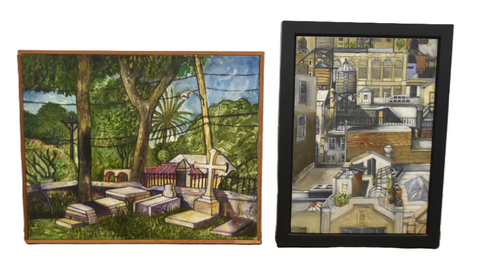 (2) MATTHEW SNOW MODERN OIL ON CANVAS PAINTINGS: MATTHEW SNOW (AMERICAN, 20th CENTURY) OIL ON CANVAS CARIBBEAN CEMENTARY PAINTING , SIGNED SNOW - 31" x 25" MATTHEW SNOW , OIL ON PANEL CITY VIEW OF BUILDINGS , SIGNED SNOW - 21 1/2" x 29"