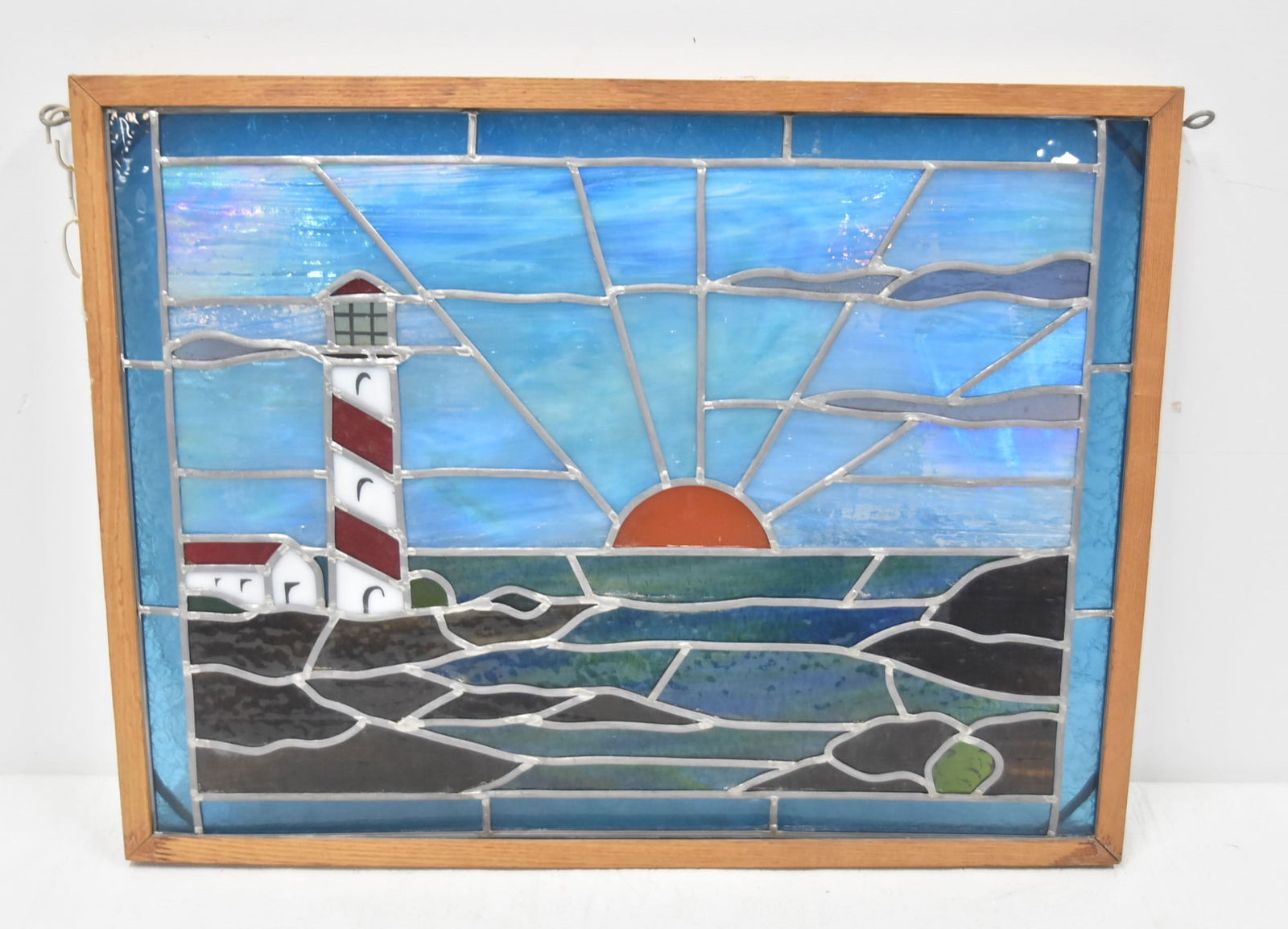 LEADED GLASS LIGHTHOUSE WINDOW PANEL: LEADED GLASS LIGHTHOUSE WINDOW PANEL - 25" x 19"