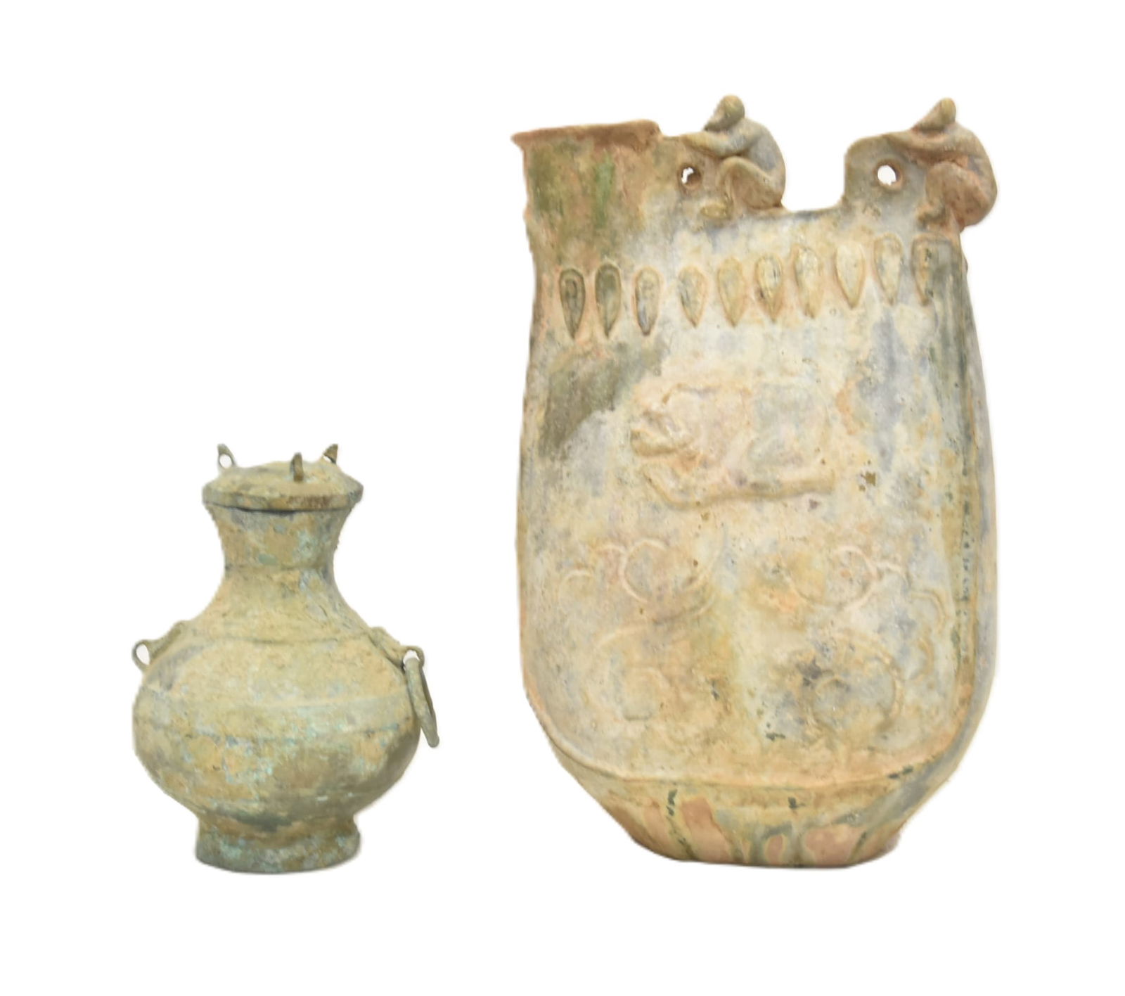 ARCHAIC POTTERY VESSEL & BRONZE COVERED JAR: ARCHAIC STYLE POTTERY VESSELL WITH SEATED FIGURE ATOP - 8" x 4" x 11 1/4" / ARCHAIC STYLE VERDI PATINATED COVERED JAR - 4" x 6"