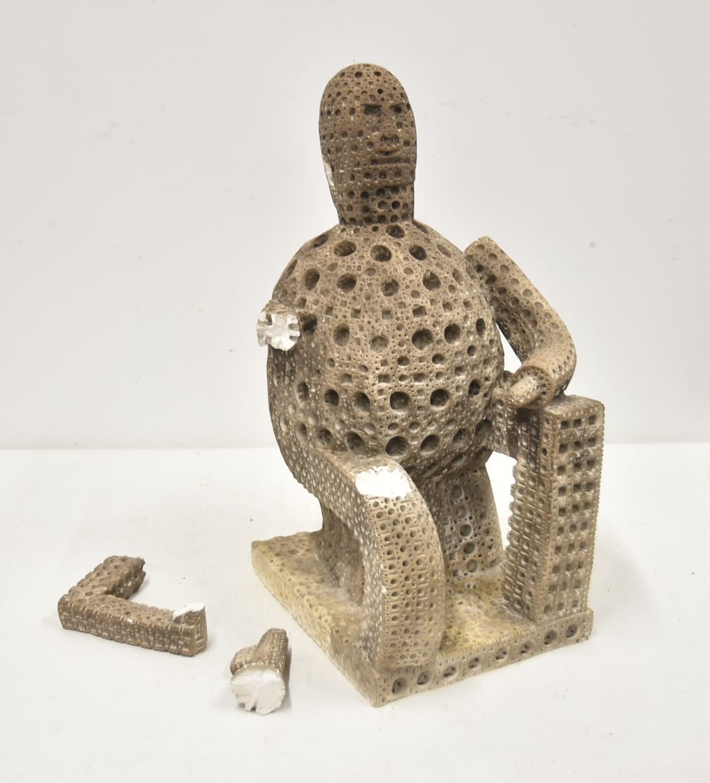 ALEXANDER NEY RETICULATED TERRACOTTA FIGURE: ALEXANDER NEY (RUSSIAN / AMERICAN, b. 1939) LARGE RETICULATED TERRACOTTA SCULPTURE OF SEATED FIGURE - 10" x 11" x 21" (ARM NEEDS REPAIR & SOME OVERALL LOSS)