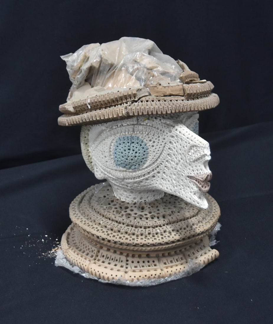 ALEXANDER NEY TRICOLOR HEAD SCULPTURE: ALEXANDER NEY (RUSSIAN / AMERICAN, b. 1939) RETICULATED TRI COLOR TERRACOTTA SCULPTURE OF HEAD - 9" x 9 1/2" x 13" (TOP OF HEAD HAS PIECES ; SOME OVERALL LOSS)