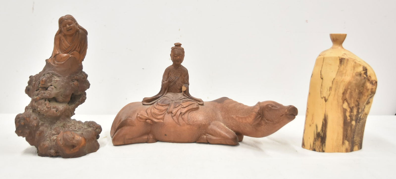 (3) ANTIQUE WOOD CARVINGS: CHINESE WOOD CARVING PHILOSPHER ON WATER BUFFALO (MISSING ARM) 16" x 8" x 9" / BOX WOOD CARVING OF LAUGHING BUDDHA / MAPLE CARVED VESSEL , MARKED TOBIESSEN - 10" TALL