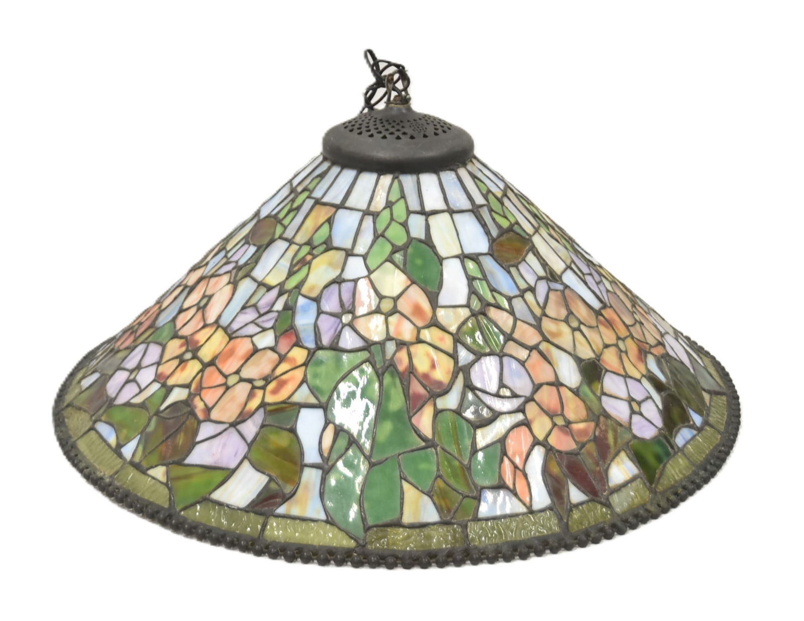 LARGE TIFFANY STYLE LEADED GLASS HANGING FIXTURE: LARGE TIFFANY STYLE LEADED GLASS HANGING FIXTURE - 25" x 12"