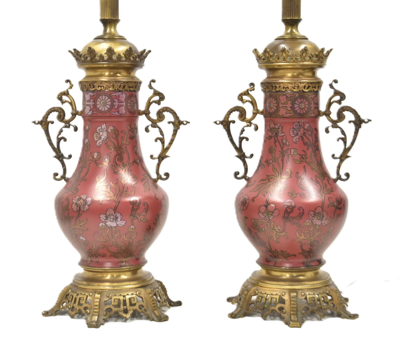 PAIR OF BOCH FRERES BRONZE & PORCELAIN LAMPS: (Pr) BOCH FRERES CERAMIC & BRONZE NAPOLEON III STYLE JAPANESQUE JAPANISM INSPIRED FOLIAGE DESIGNED ELECTRIFIED CONVERTED OIL LAMPS - 10" x 9" x 35" ; WITH CUSTOM MADE SHADES ; SIGNED BFK , BOCH FRERES