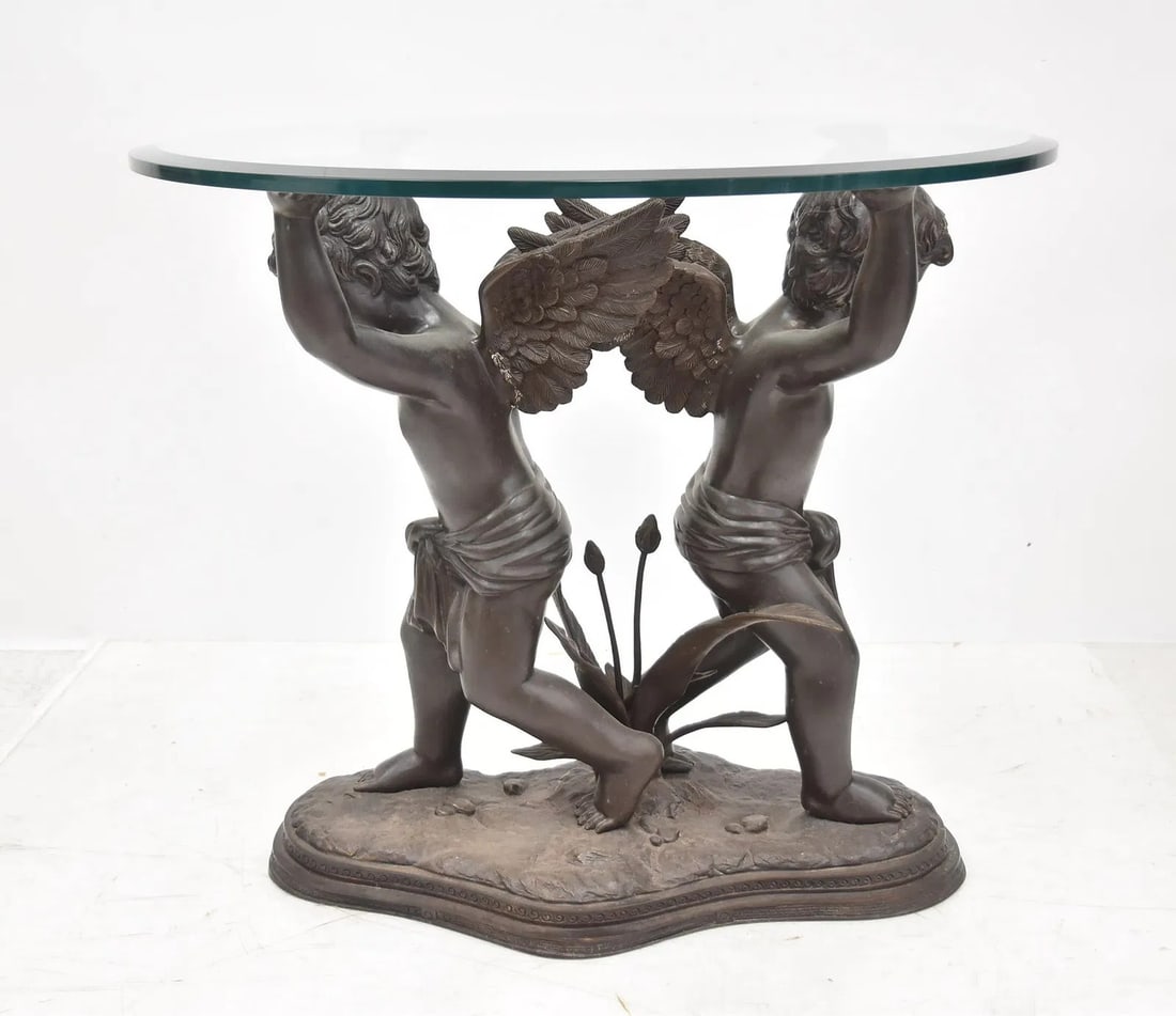 BRONZE & GLASS DOUBLE CHERUB TABLE (1 of 8)