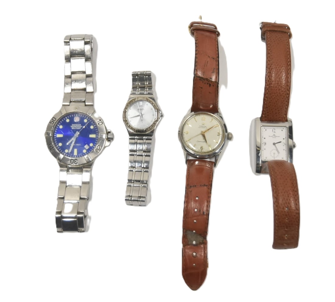 (4) VINTAGE WRIST WATCHES: BAUM MERCIER GENEVA WRISTWATCH WITH LEATHER BAND / OMEGA SEA MASTER AUTOMATIC WRIST WATCH WITH LEATHER BAND / CITIZEN ECO DRIVE WATCH / WENGER SWISS MILITARY WATCH