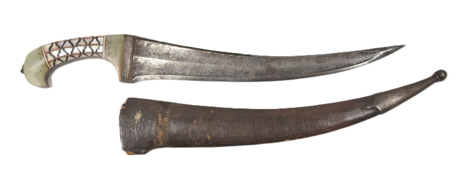 ANTIQUE MIDDLE EASTERN KINDJALL DAGGER: INDO PERSIAN CURVED DAGGER WITH LEATHER SCABBARD WITH MOTHER OF PEARL & JADE ? HANDLE - 2 1/2" x 19 1/2" (SMALL PIECE OF MOTHER OF PEARL FILLED IN)