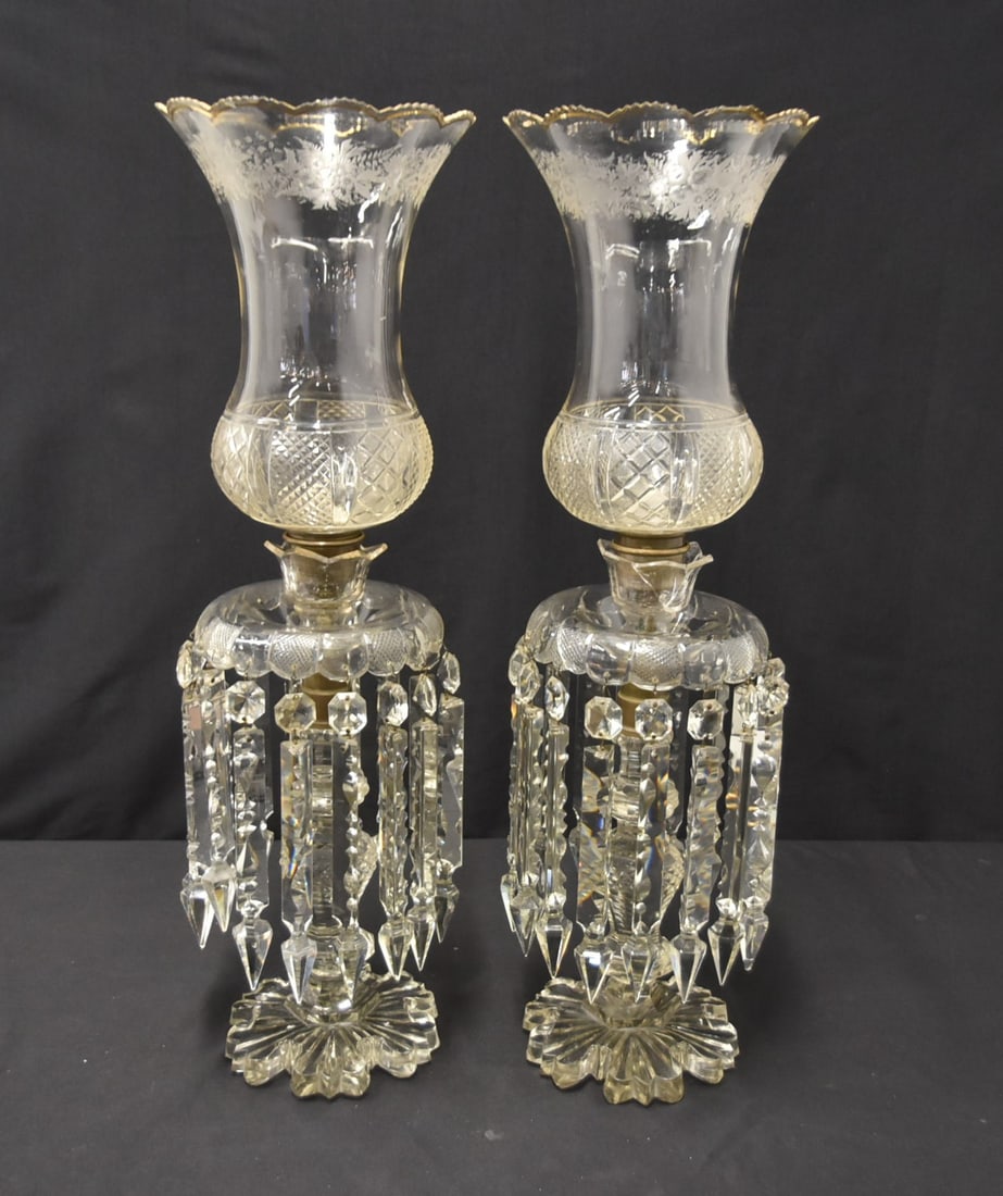 PAIR LARGE ANTIQUE CUT GLASS LUSTRE LAMPS (1 of 14)