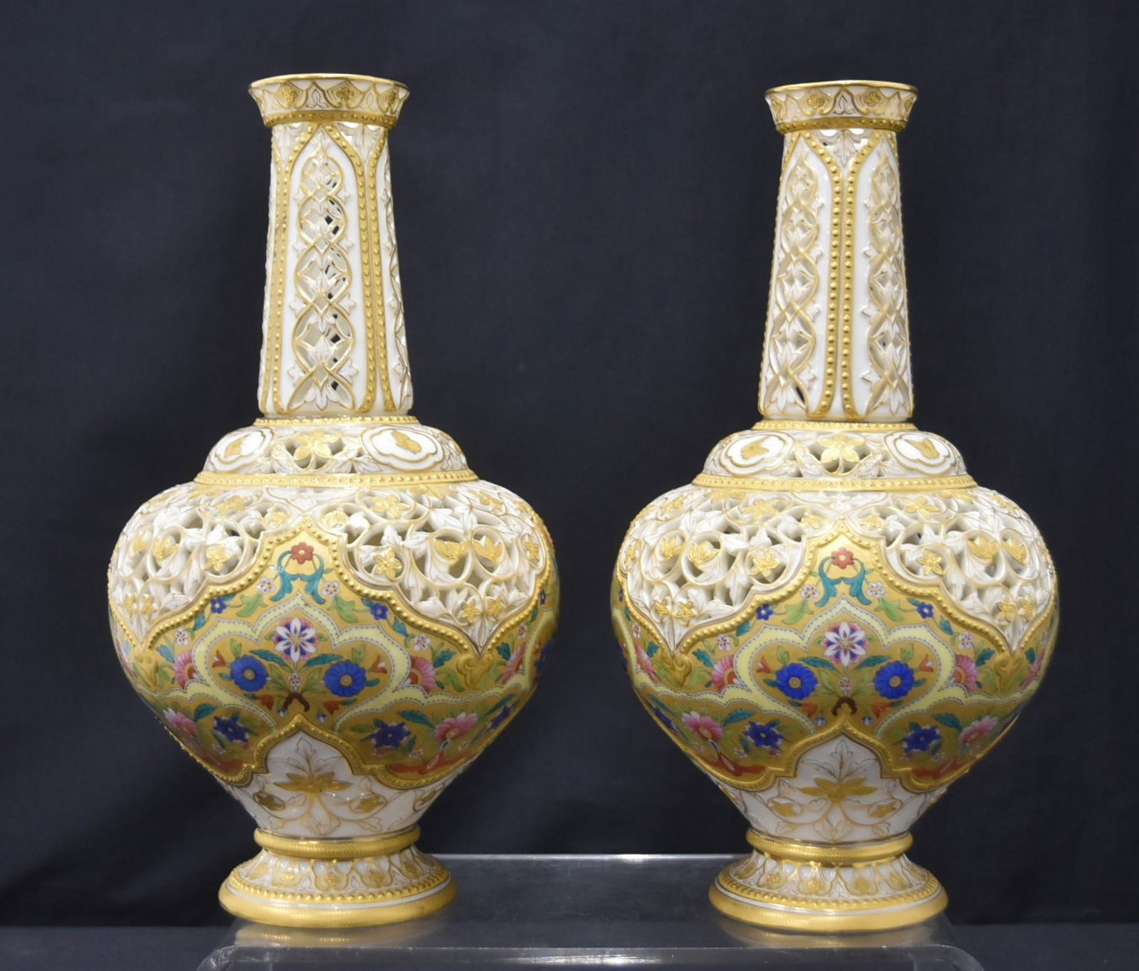 (Pr) RETICULATED ROYAL WORCESTER 1566 VASES: PAIR 19th CENTURY PRE 1878 RETICULATED ROYAL WORCESTER # 1566 VASES WITH FULLY RETICULATED BODY SURRONDED BY HAND PAINTED ENAMEL FLOWER BANDS ; WITH BUTTERFLIES & FLOWERS WITH GOLD ACCENTS ; 