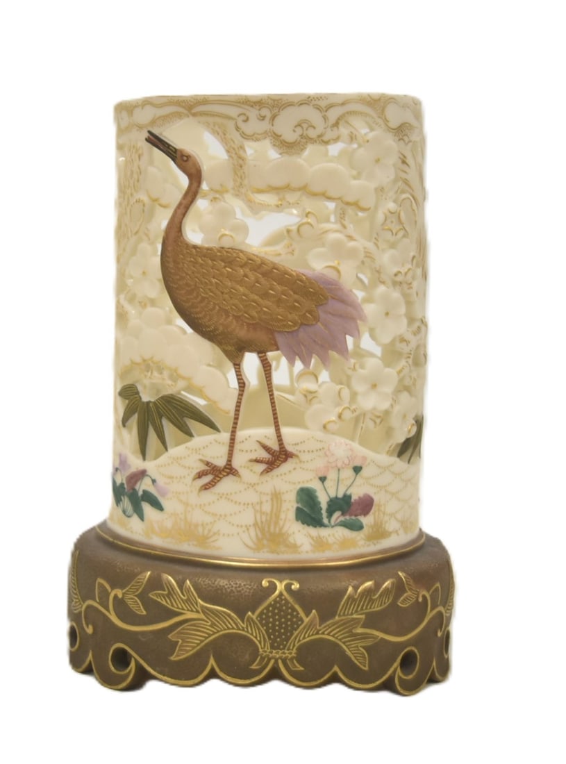 19thC AESTHETIC ROYAL WORCESTER TUSK VASE: 19th CENTURY AESTHETIC STYLE ROYAL WORCESTER RETICULATED PORCELAIN TUSK VASE WITH CRANES & MARSH ; PRE 1878 - 5" x 4 1/2" x 7 1/2" ; JAPANESE AESTHETIC MOVEMENT TEA LIGHT VASE DESIGNED AS 