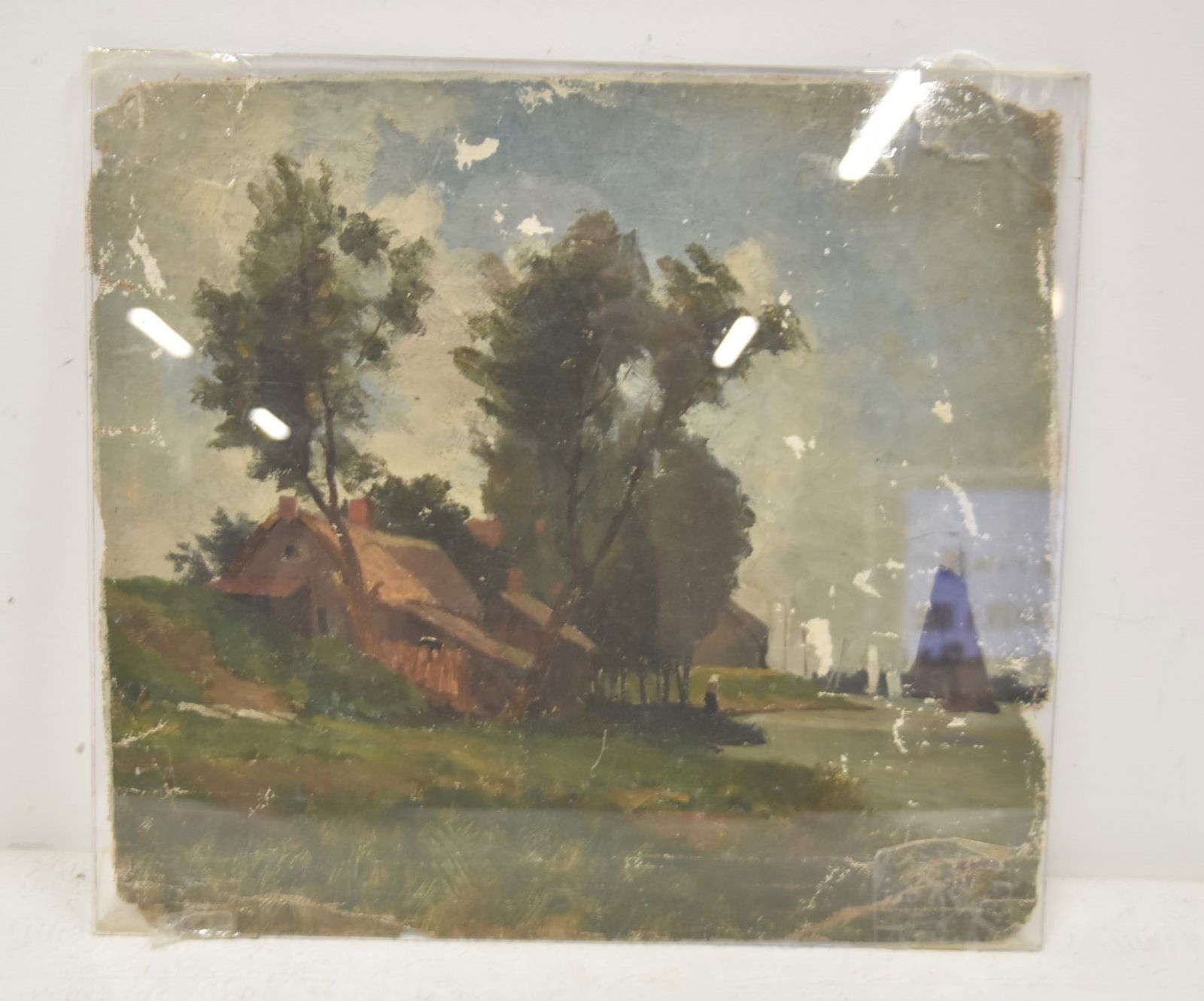 ANTIQUE OIL ON CANVAS OF HOUSE: PAPPENDRECHT , OIL ON CANVAS PAINTING OF HOUSE , SIGNED PAPPENDRECHT ,JUNE 1873 , INVERSO , SET IN PLEXIGLASS FRAME - 13 1/4" x 12"