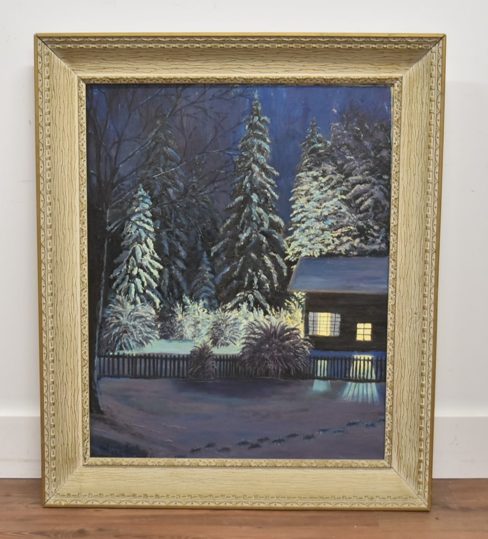 HILTRUDE P KOCH , OIL ON CANVAS "A COZY RETREAT": HILTRUDE KOCH , OIL ON CANVAS CABIN IN WINTRY LUMINESCENT FOREST LANDSCAPE , SIGNED HILTRUDE KOCH , 1959 , LOWER LEFT , TITLED INVERSO "A COZY RETREAT" - 23 1/2" x 30" ; 31" x 37" OVERALL FRAMED