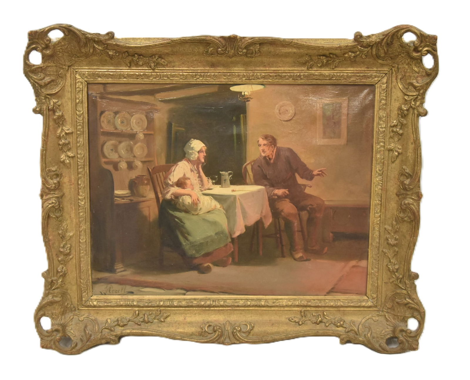 A. RUSSELL , ANTIQUE OIL ON CANVAS SEATED FAMILY (1 of 10)