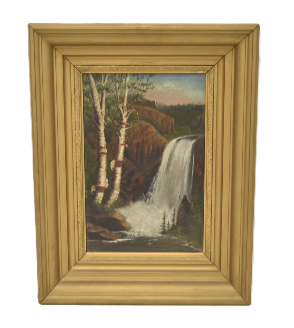 OIL ON BOARD BIRCH TREE & WATERFALL PAINTING: ANTIQUE OIL ON BOARD LANDSCAPE PAINTING OF BIRCH TREE & WATERFALL , UNSIGNED - 7 1/2" x 11 1/2" ; 13 1/2" x 17 1/2" OVERALL