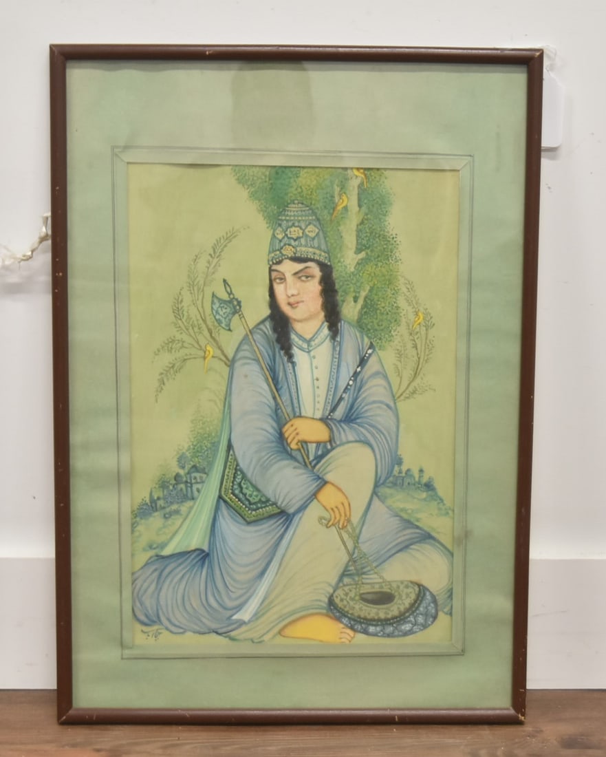 PERSIAN QAJAR SCHOOL WATERCOLOR OF GIRL: PERSIAN QAJAR SCHOOL WATERCOLOR OF SEATED GIRL , SIGNED LOWER LEFT - 12" x 17 1/2" ; 18" x 25" OVERALL