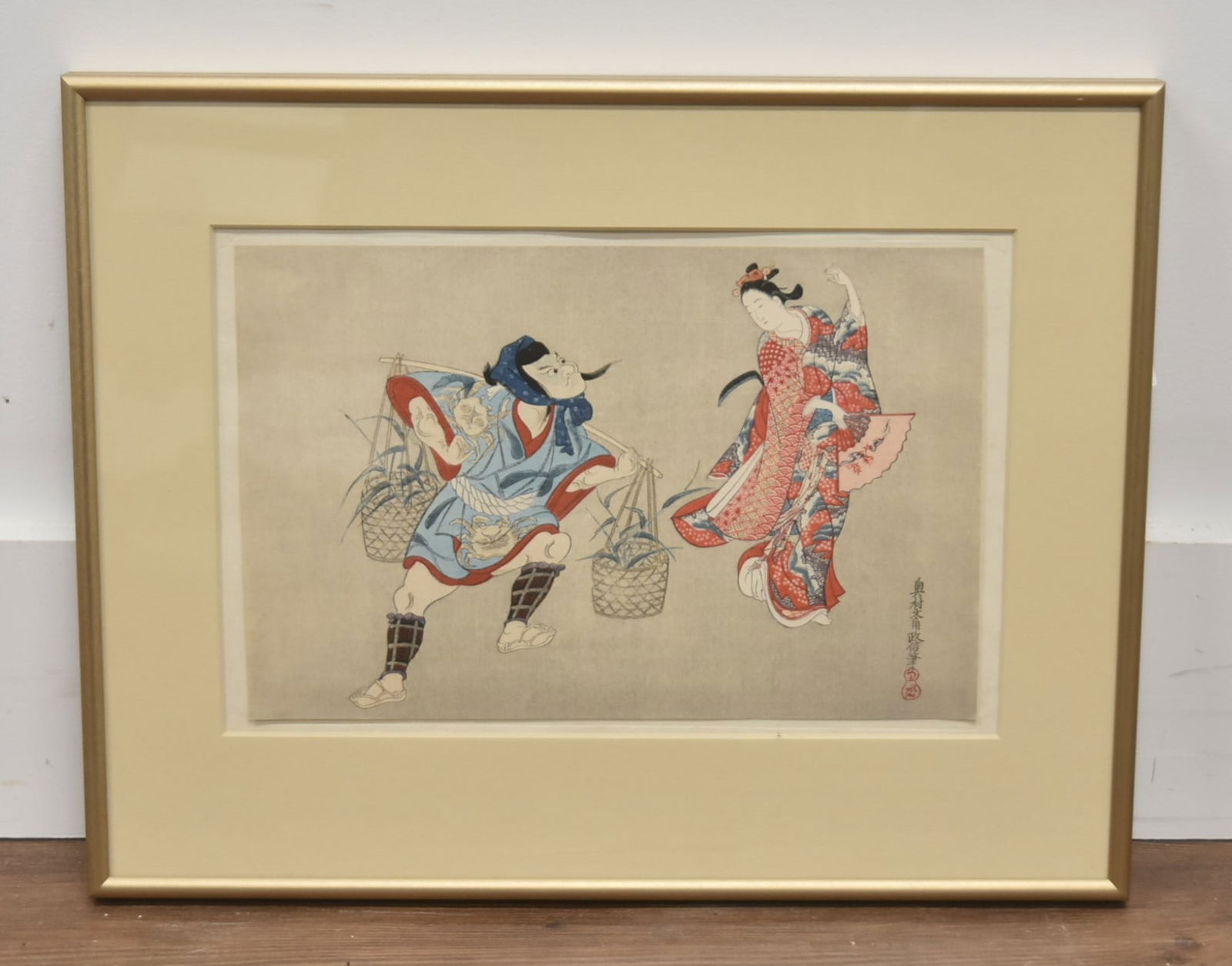 OKUMURA MASANOBU JAPANESE WOOD BLOCK PRINT: AFTER OKUMURA MASANOBU JAPANESE WOOD BLOCK PRINT "MOWING" - 12" x 7 1/2" ; 17" x 12 1/2" OVERALL