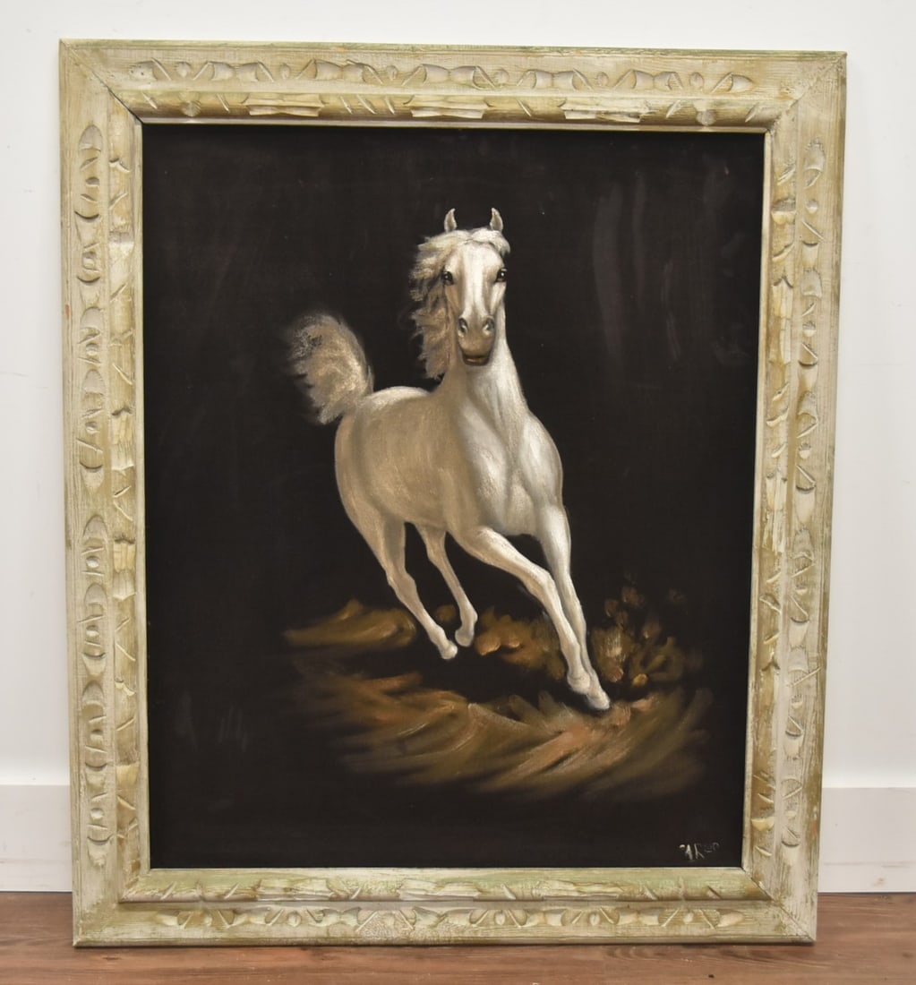 LARGE VELVET PAINTING OF WHITE HORSE (1 of 8)