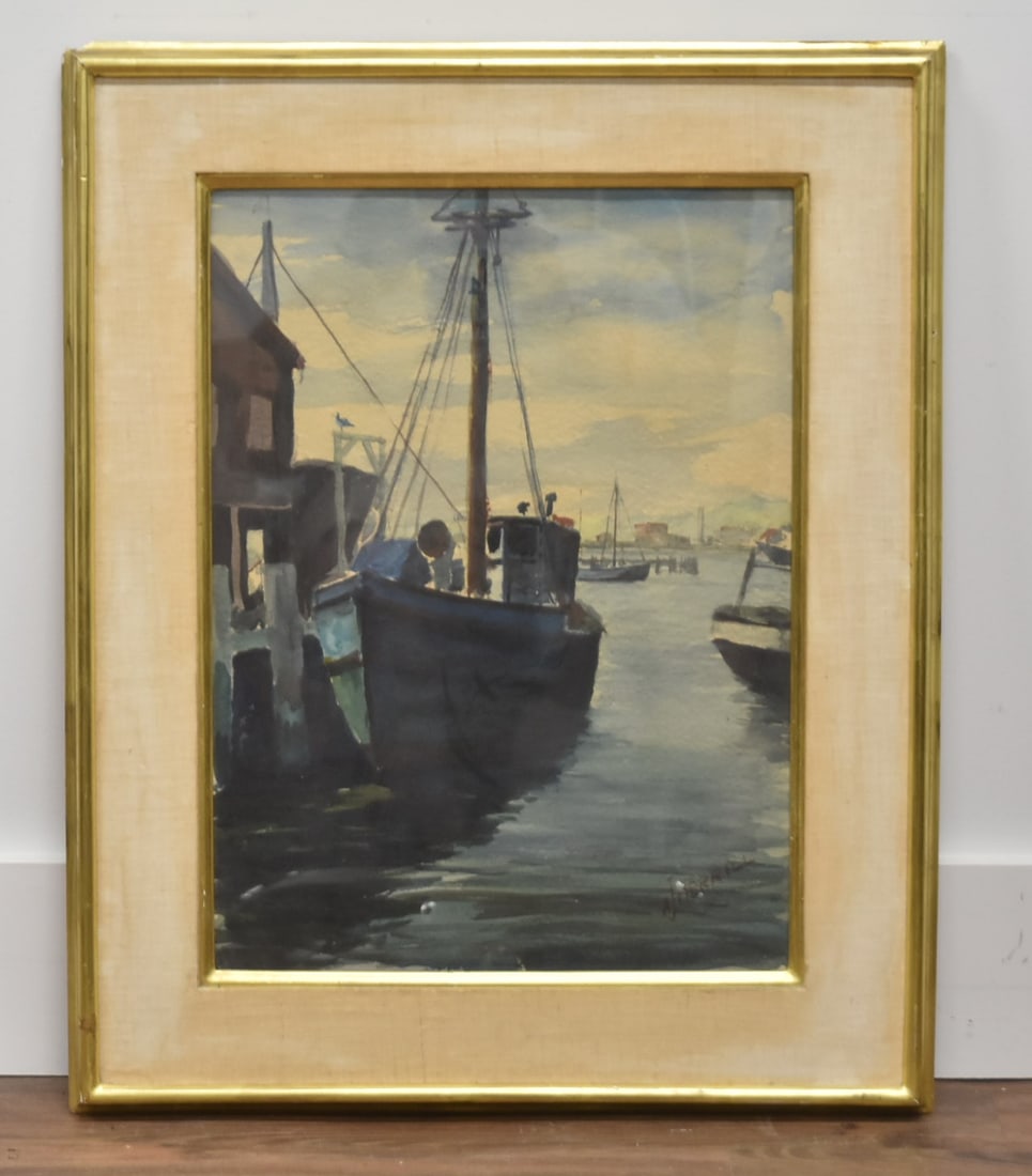 ARTHUR MERRILL , WATERCOLOR BOATS IN HARBOR (1 of 7)
