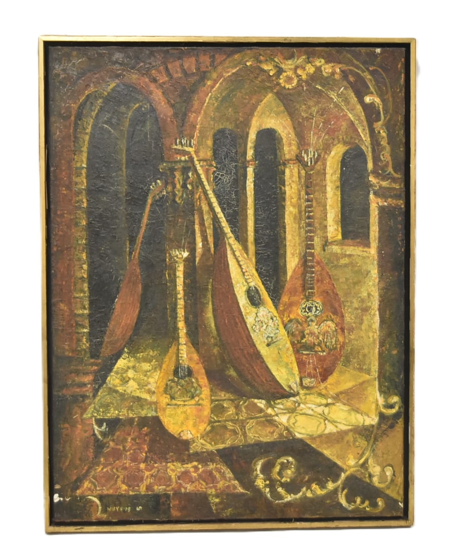 OIL ON CANVAS MUSICAL INSTRUMENTS: OIL ON CANVAS OF MANDOLINS LEANING IN ARCHWAY , SIGNED L . NUVENS , 69 ' - 18" x 24" OVERALL