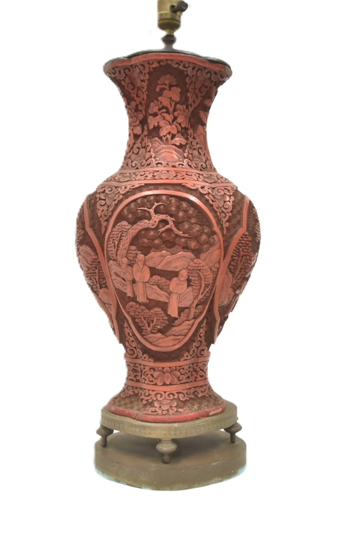 ANTIQUE CARVED CINNABAR VASE LAMP (1 of 12)