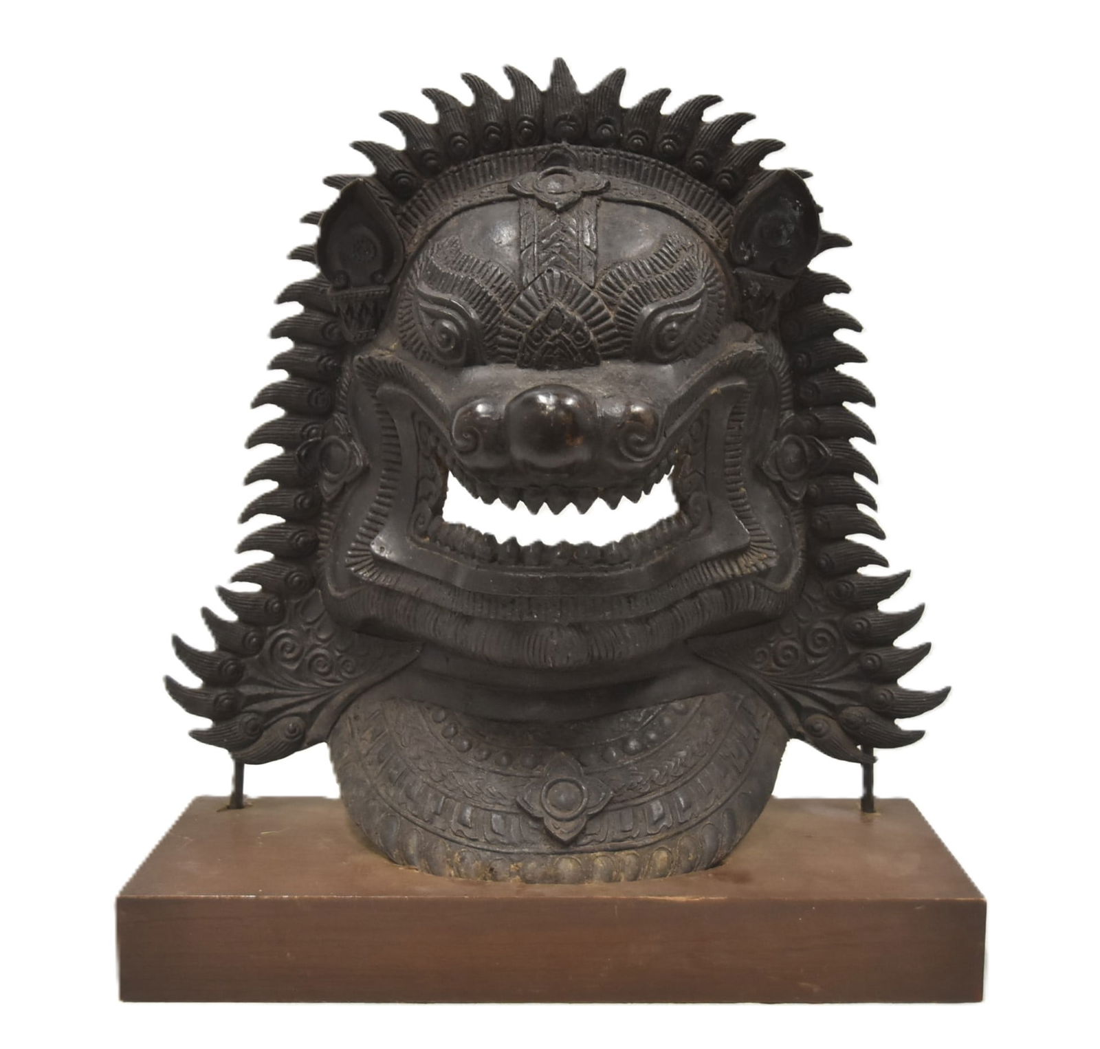 ASIAN BRONZE SINGHAI MASK ON WOOD BASE (1 of 9)