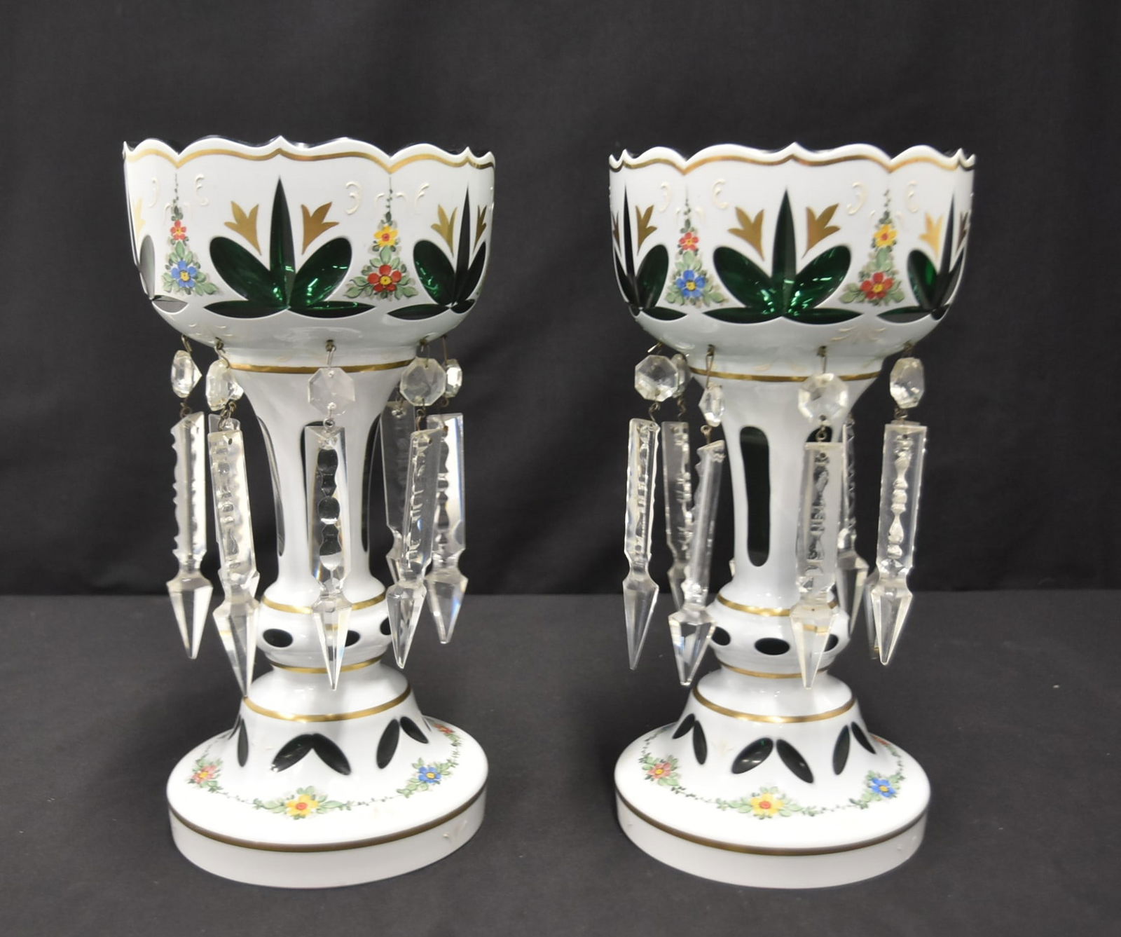 (Pr) CZECH GREEN & WHITE OVERLAY GLASS LUSTRES: PAIR CZECHOSLAVAKIAN WHITE OVERLAY GREEN GLASS LUSTRES - 6" x 11 1/2"