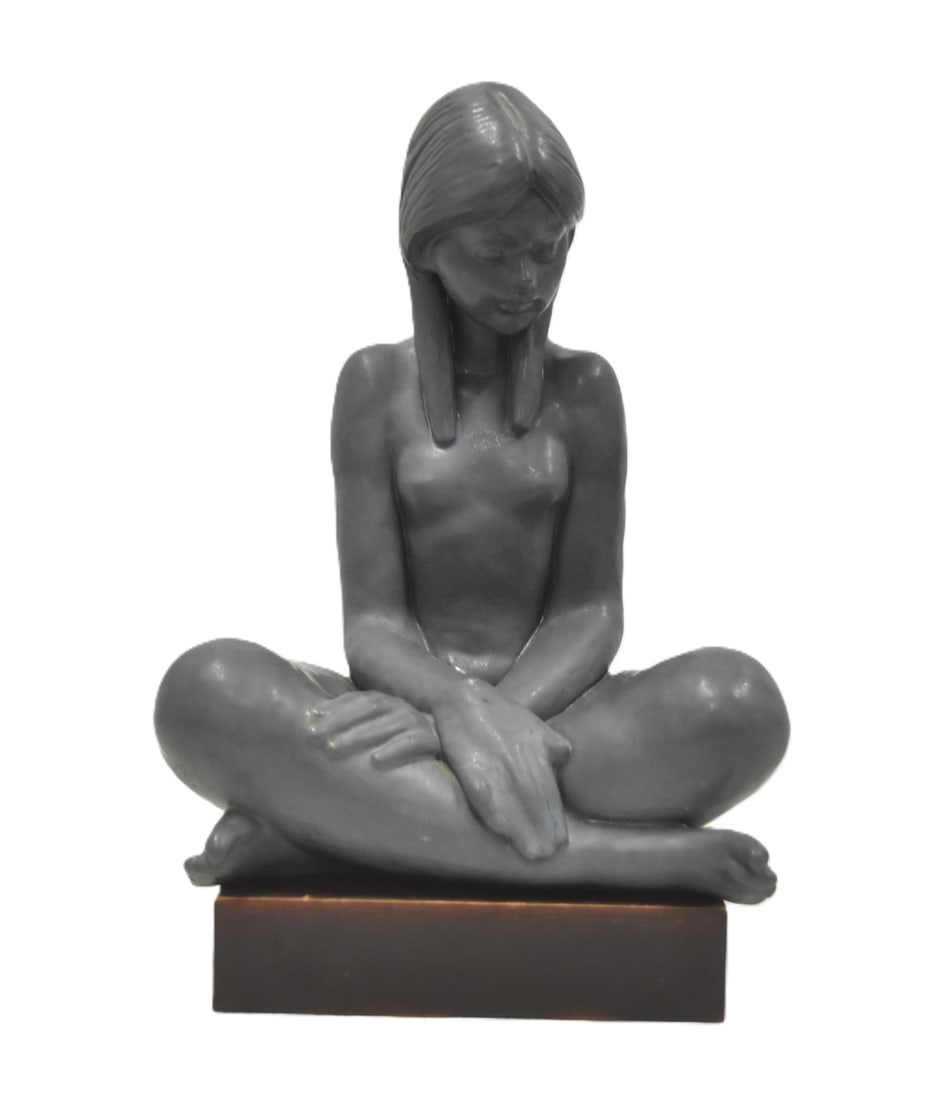 LARGE LLADRO "RELAXATION" FEMALE NUDE: LARGE LLADRO 3536 "RELAXTION" FEMALE NUDE RETIRED 1983 , SCULPTED BY SALVADOR DEBON , ARTIST SIGNED BY DEBON , 9" x 9" x 10 1/2" ; 14" TALL WITH WOOD BASE