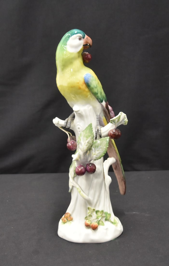 LARGE MEISSEN PARROT IN CHERRY TREE: LARGE MEISSEN PARROT BIRD IN CHERRY TREE ; MARKED 20 - 6" x 12" (SOME LOSS TO LEAVES & BRANCH)