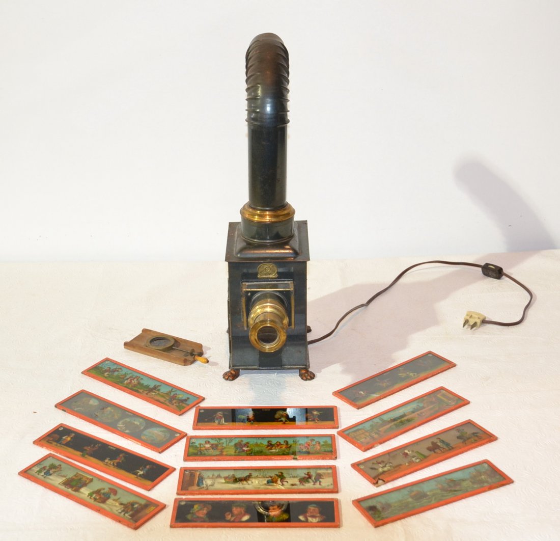 EP GLORIA SLIDE PROJECTOR ; MARKED MADE IN GERMANY: WITH (12) HAND PAINTED GLASS SLIDES (SOME CRACKED) 7 1/2" x 10 1/2"